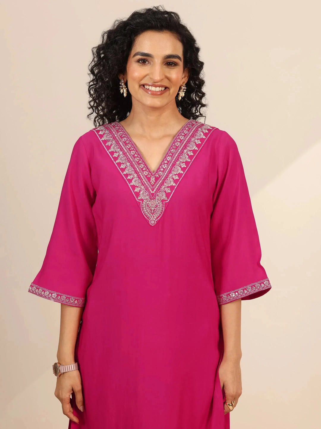  Pink Yoke Design Silk Blend Straight Suit Set With Dupatta 
