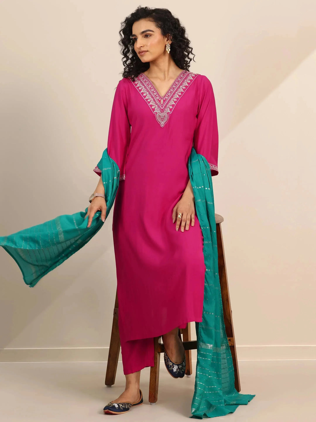 Pink Yoke Design Silk Blend Straight Suit Set With Dupatta 