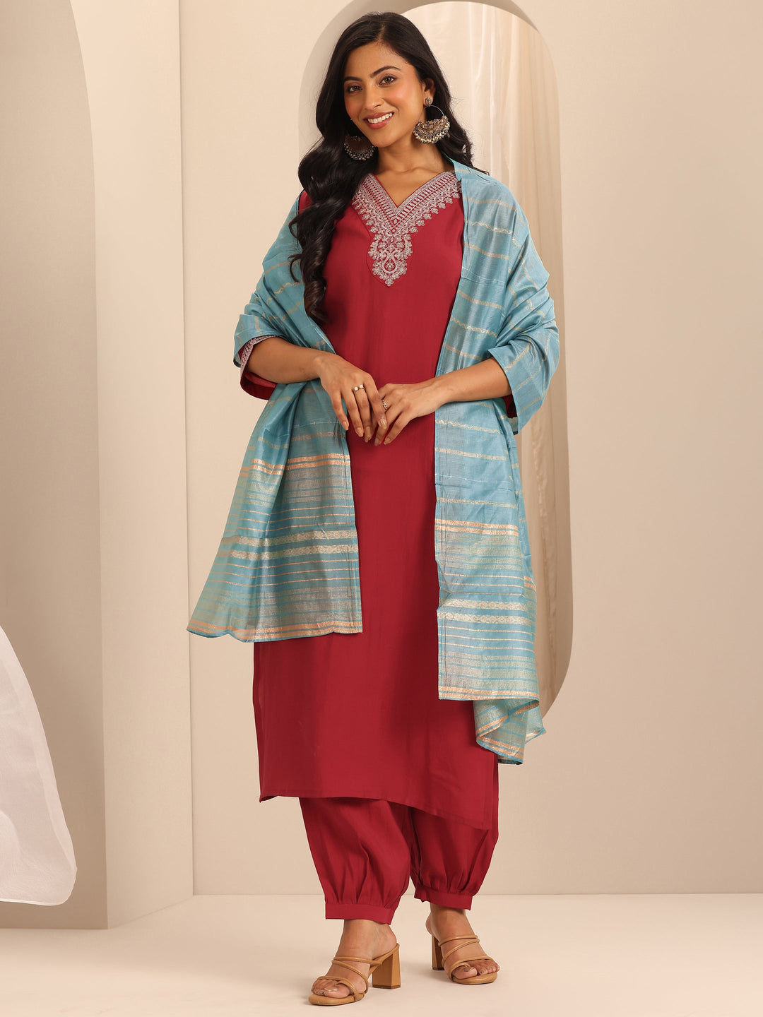  Red Yoke Design Silk Blend Straight Suit Set With Dupatta 