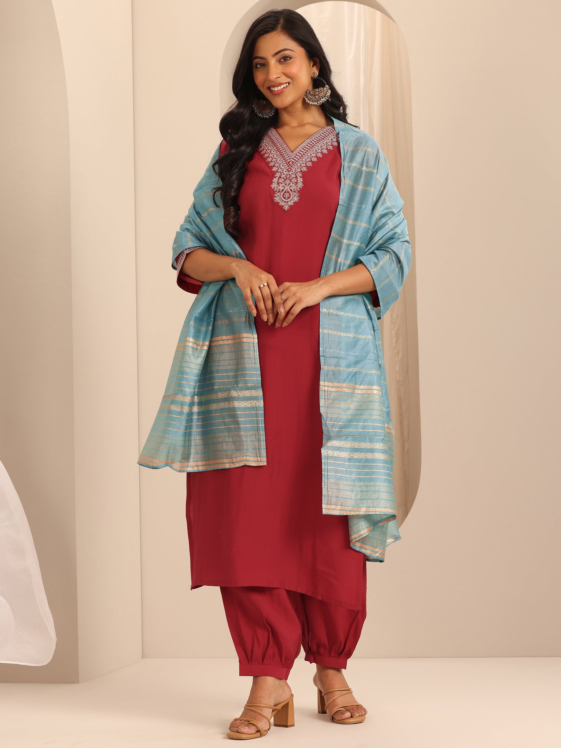 Red Yoke Design Silk Blend Straight Suit Set With Dupatta