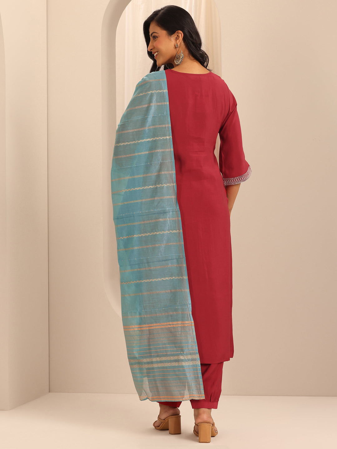  Red Yoke Design Silk Blend Straight Suit Set With Dupatta 