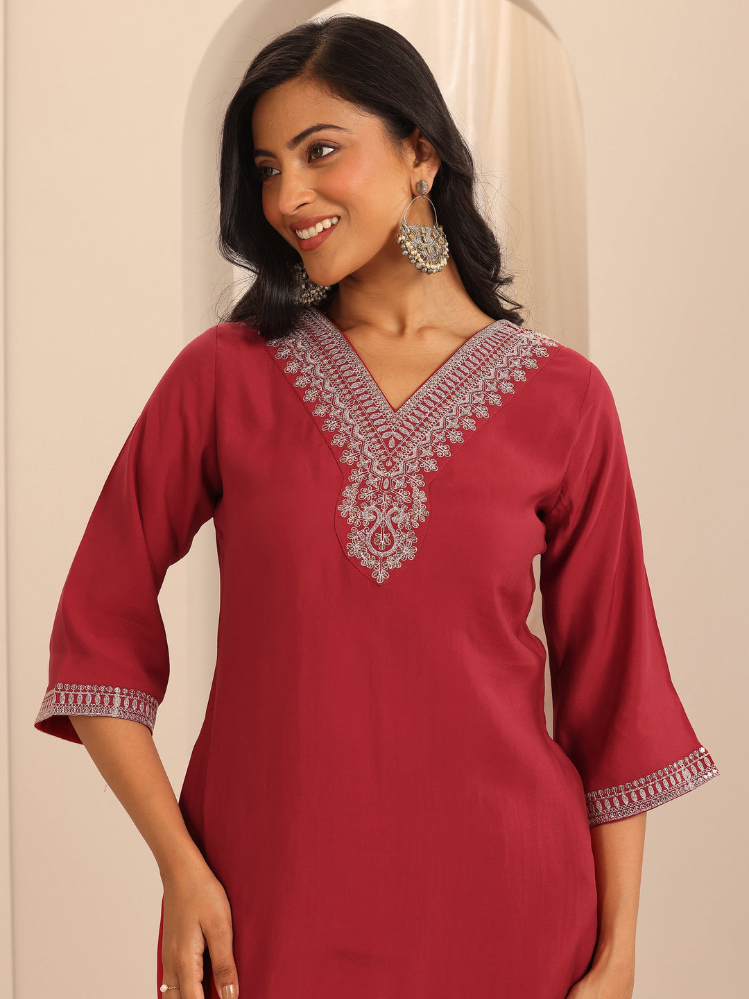  Red Yoke Design Silk Blend Straight Suit Set With Dupatta 