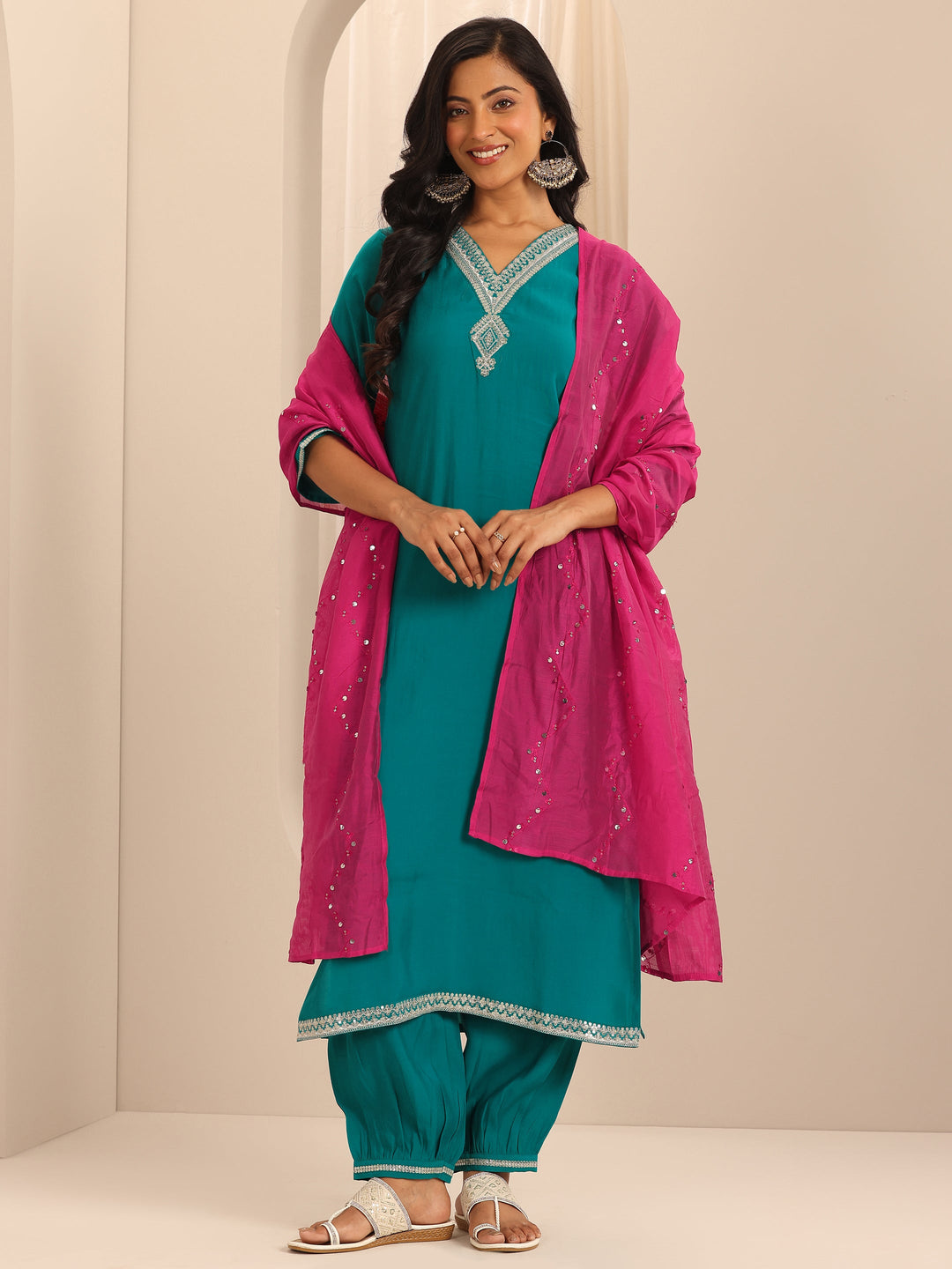 Rama Green Yoke Design Silk Blend Straight Suit Set With Dupatta 