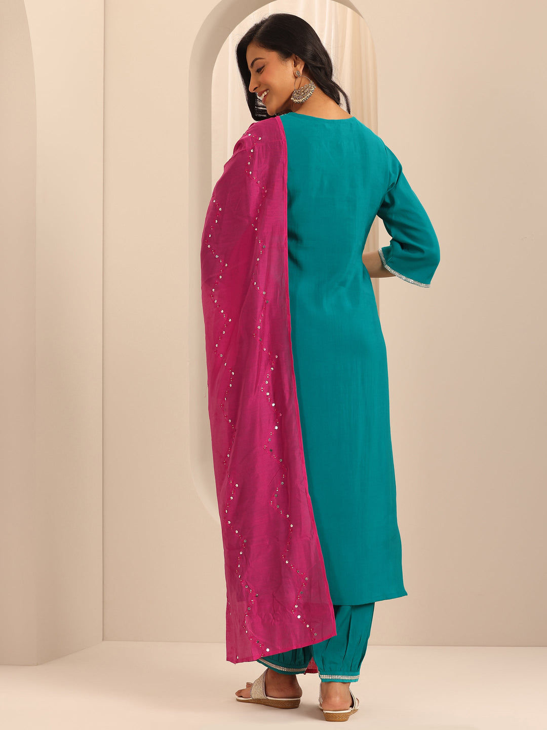  Rama Green Yoke Design Silk Blend Straight Suit Set With Dupatta 