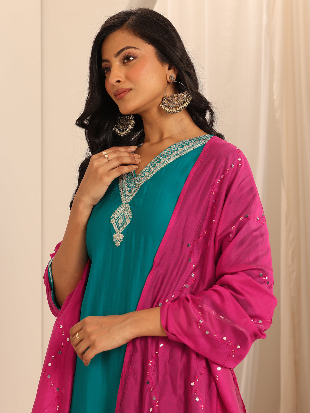  Rama Green Yoke Design Silk Blend Straight Suit Set With Dupatta 