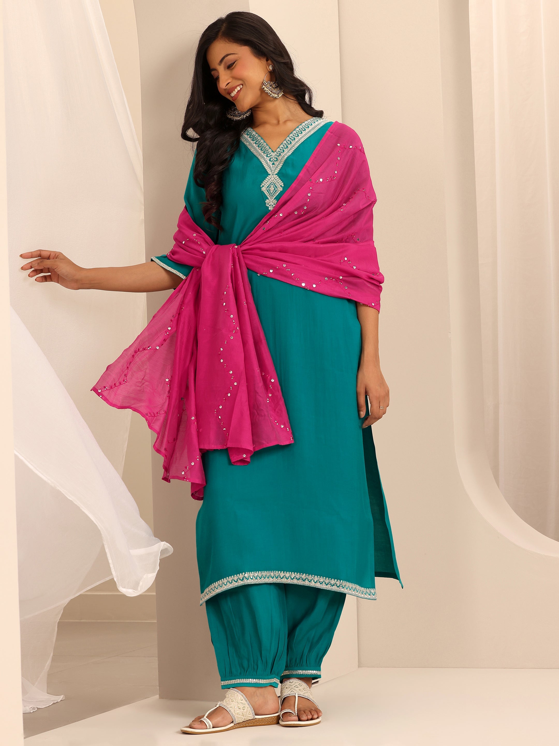 libas Rama Green Yoke Design Silk Blend Straight Suit Set With Dupatta-picture-31