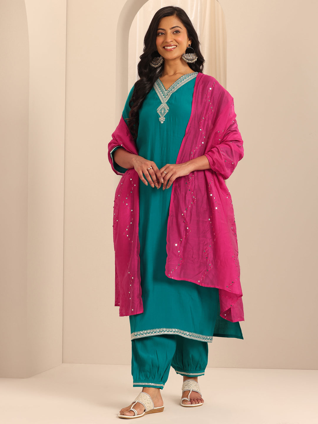  Rama Green Yoke Design Silk Blend Straight Suit Set With Dupatta 