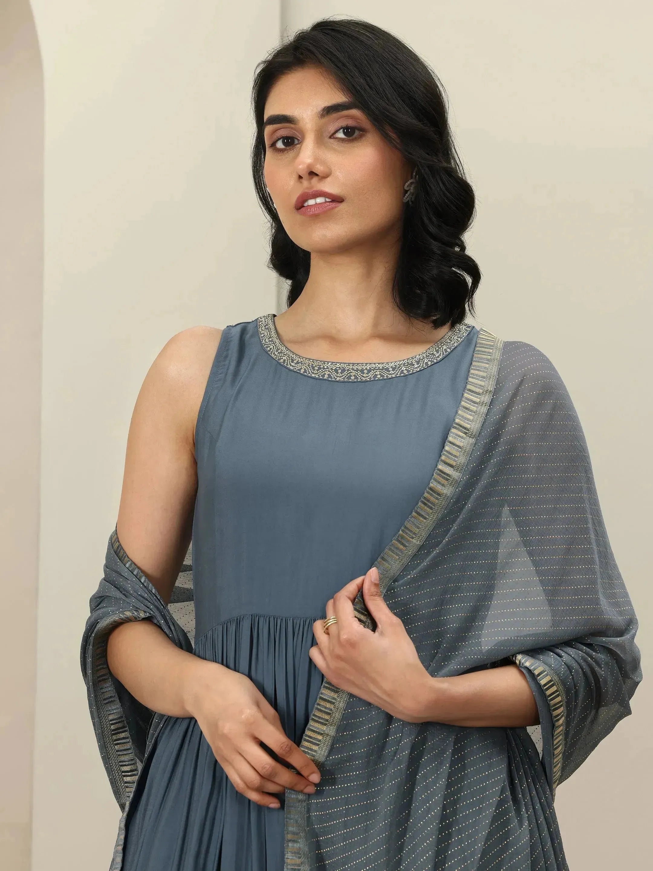 Grey Solid Silk Blend Anarkali Suit Sets With Dupatta-image-35
