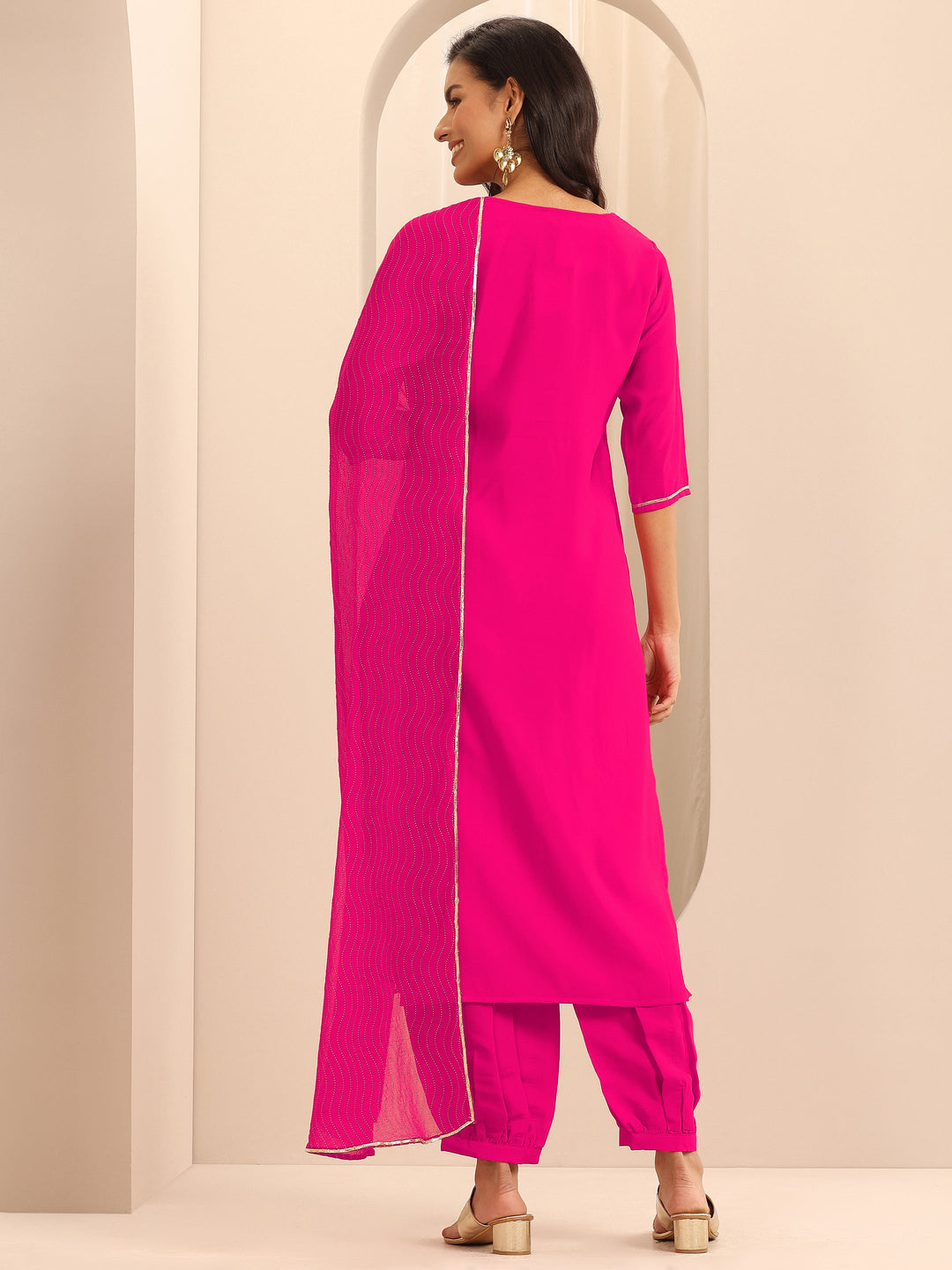  Pink Embellished Silk Blend Straight Suit Set With Dupatta 