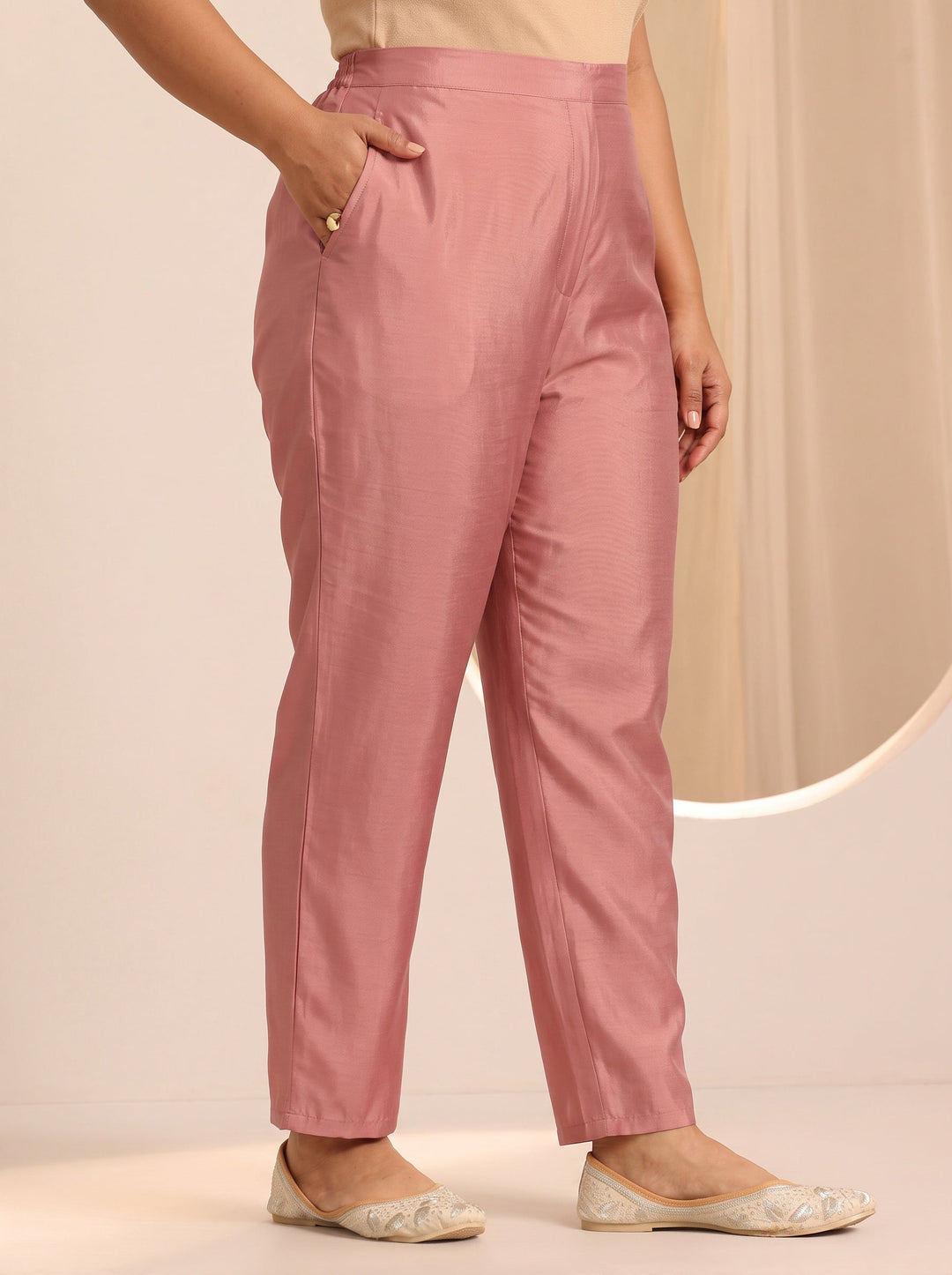 Plus Size Peach Yoke Design Embroidered Silk Blend Straight Suit Set 