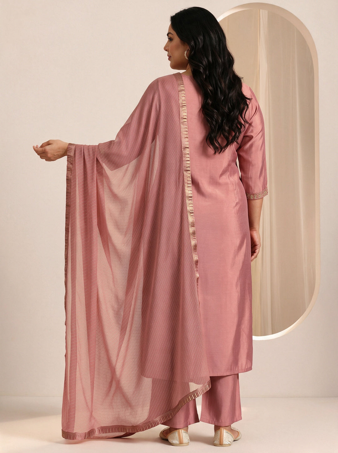  Plus Size Peach Yoke Design Embroidered Silk Blend Straight Suit Set 