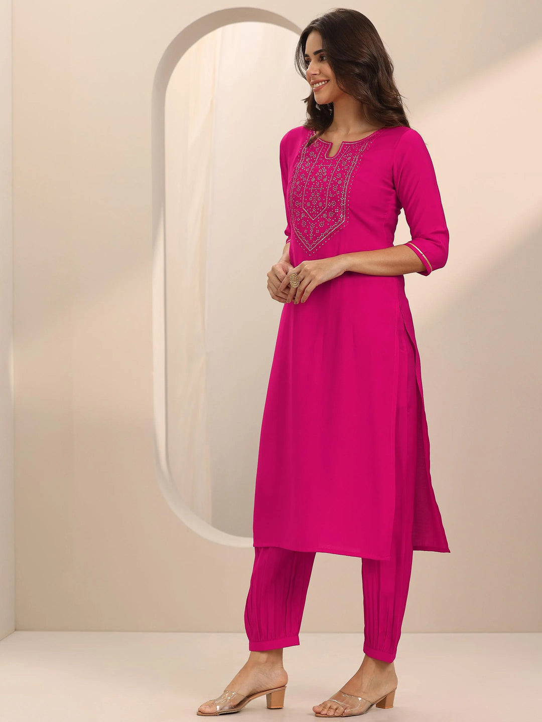  Pink Yoke Design Silk Blend Straight Suit Set With Dupatta 