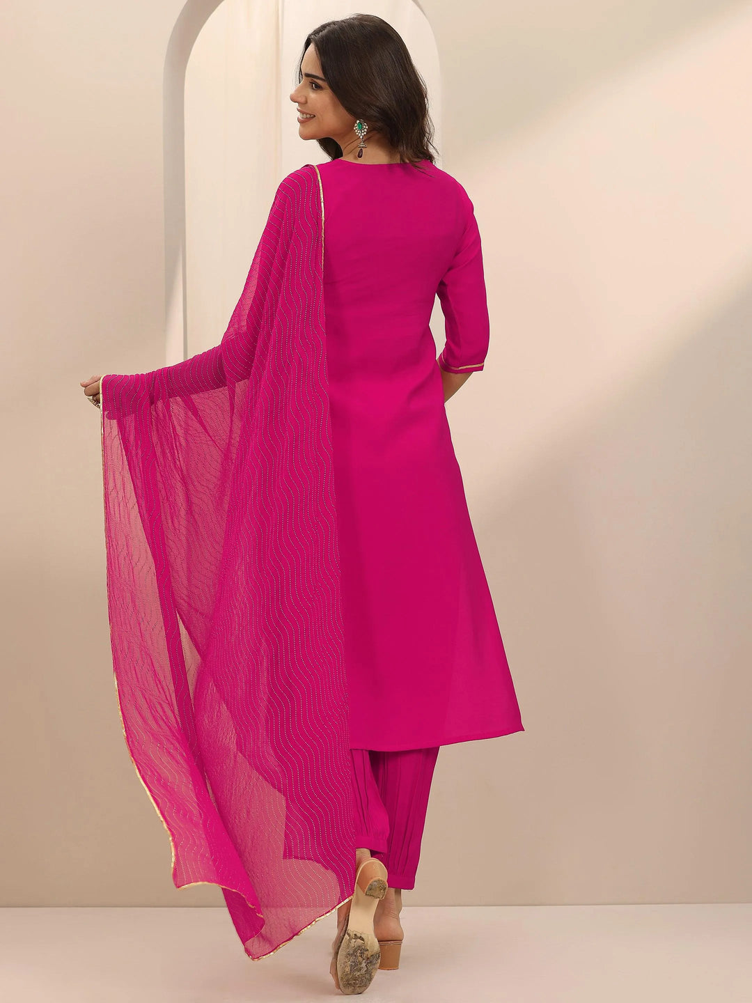 Pink Yoke Design Silk Blend Straight Suit Set With Dupatta