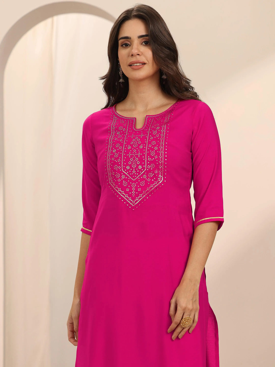  Pink Yoke Design Silk Blend Straight Suit Set With Dupatta 
