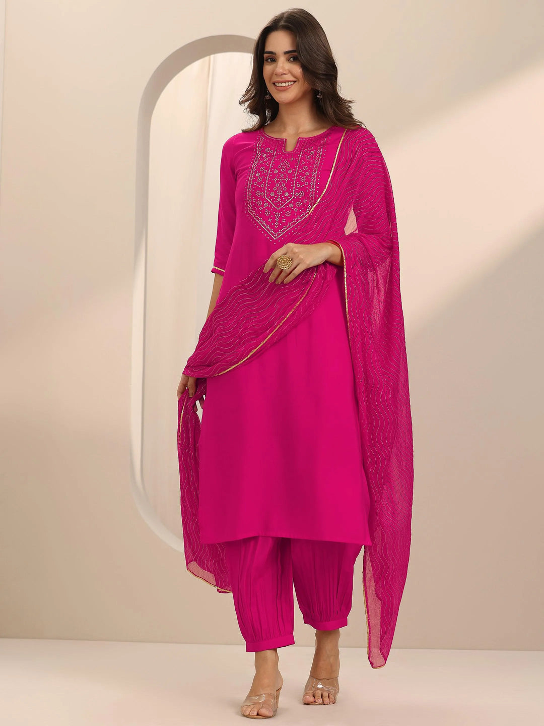  Pink Yoke Design Silk Blend Straight Suit Set With Dupatta 