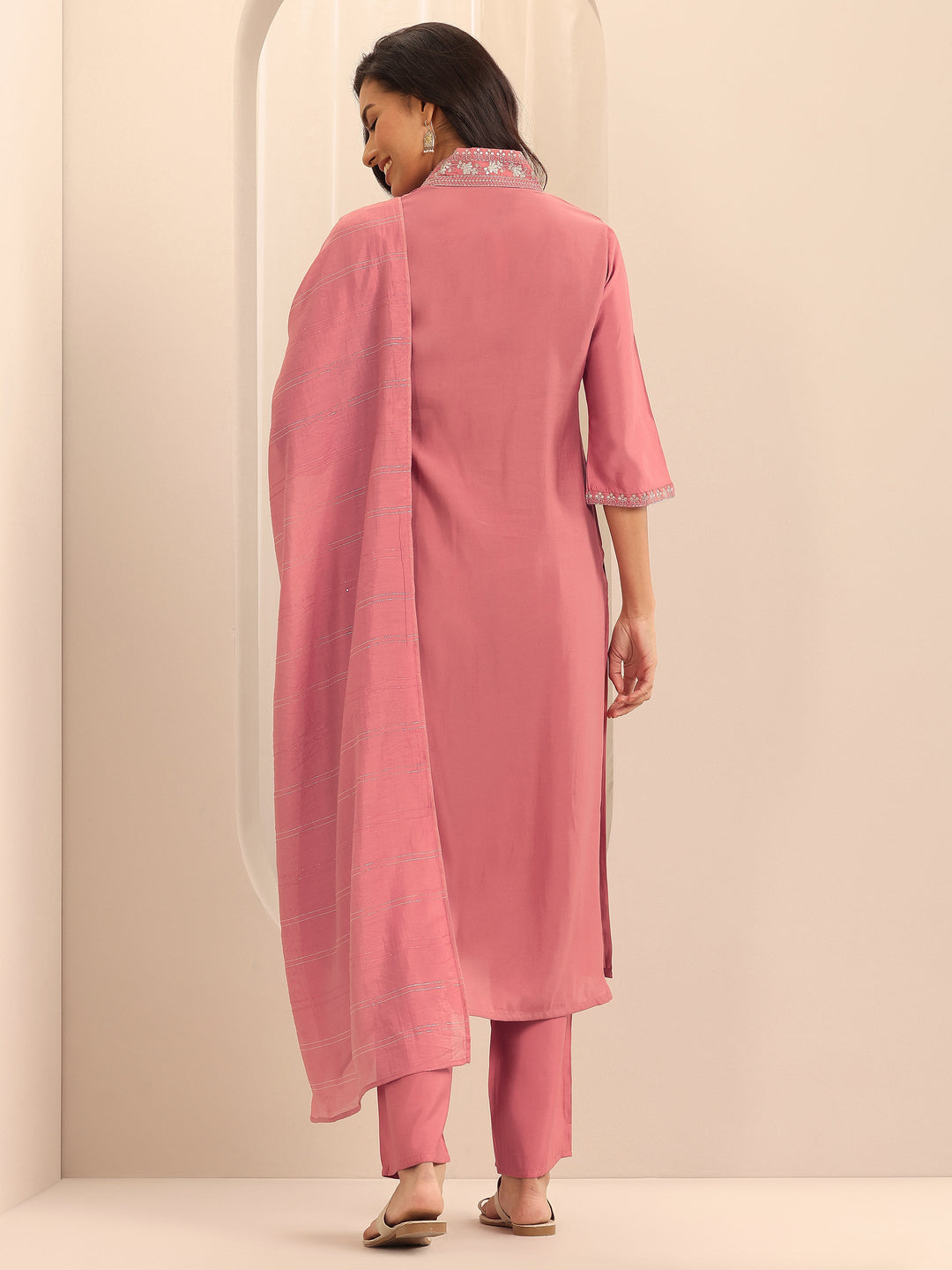  Peach Embellished Silk Blend Straight Suit Set With Dupatta 