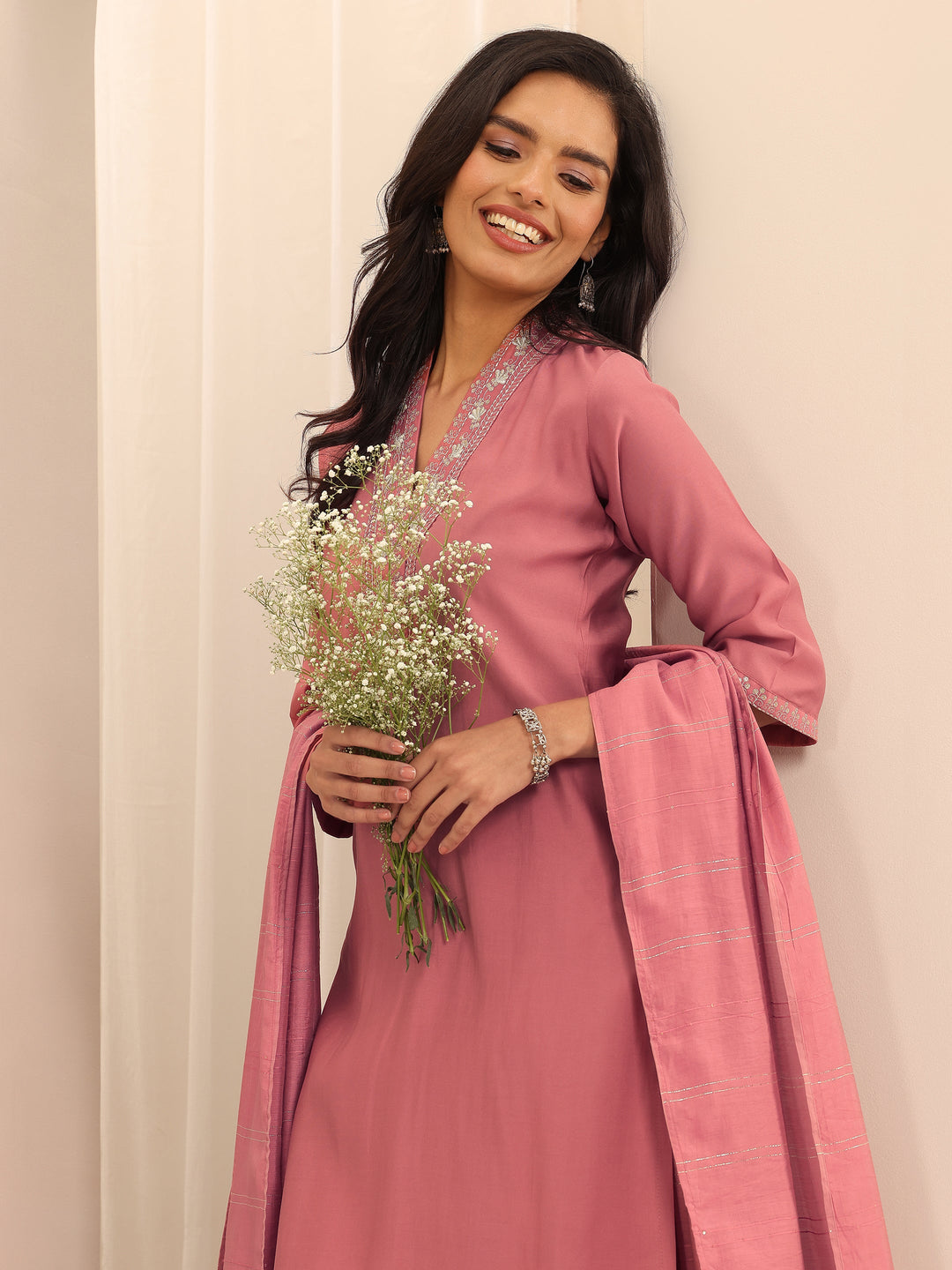  Peach Embellished Silk Blend Straight Suit Set With Dupatta 