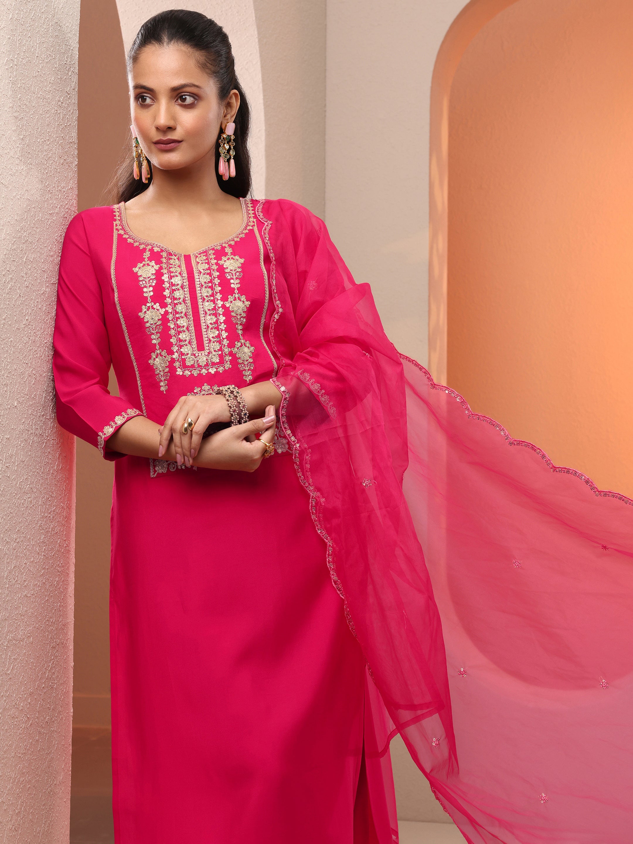 libas Pink Embroidered Silk Blend Straight Suit Set With Dupatta-picture-23