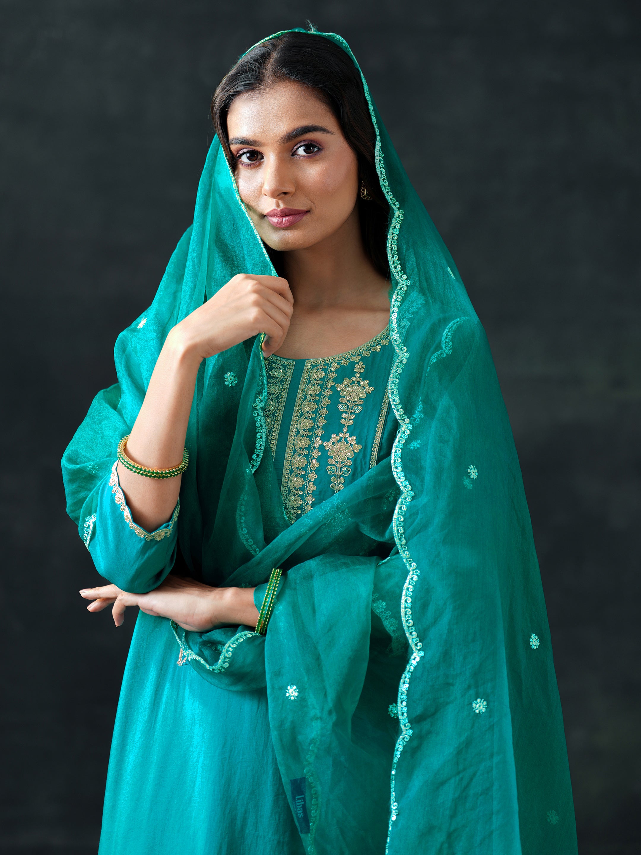 libas Green Embroidered Silk Blend Straight Suit Set With Dupatta-picture-44
