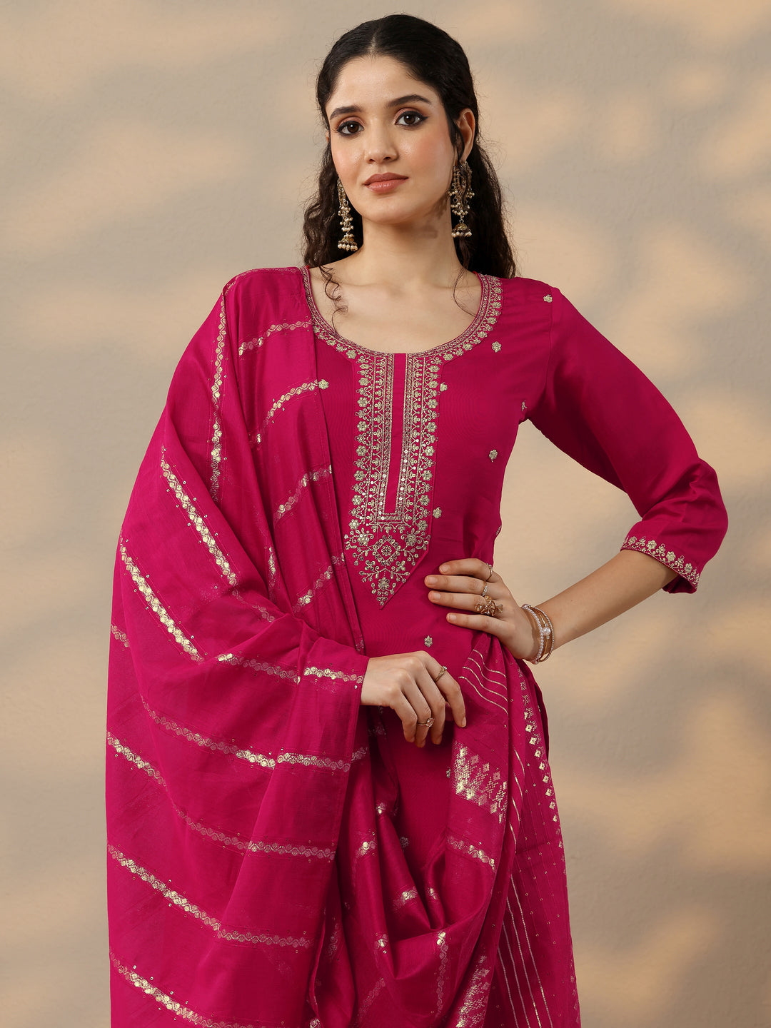  Pink Embroidered Silk Blend Straight Suit Set With Dupatta 