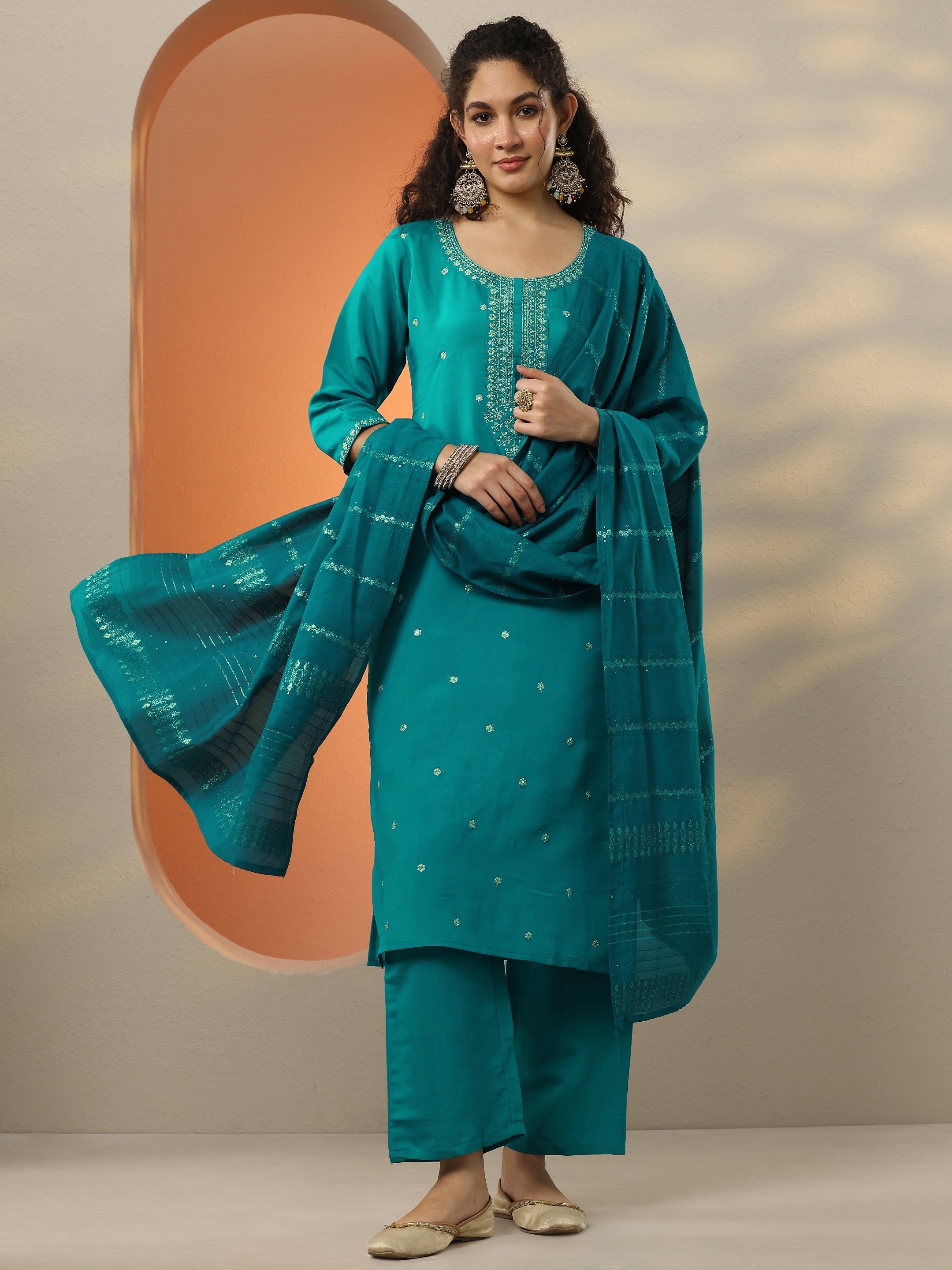 libas Teal Embroidered Silk Blend Straight Suit Set With Dupatta-picture-56