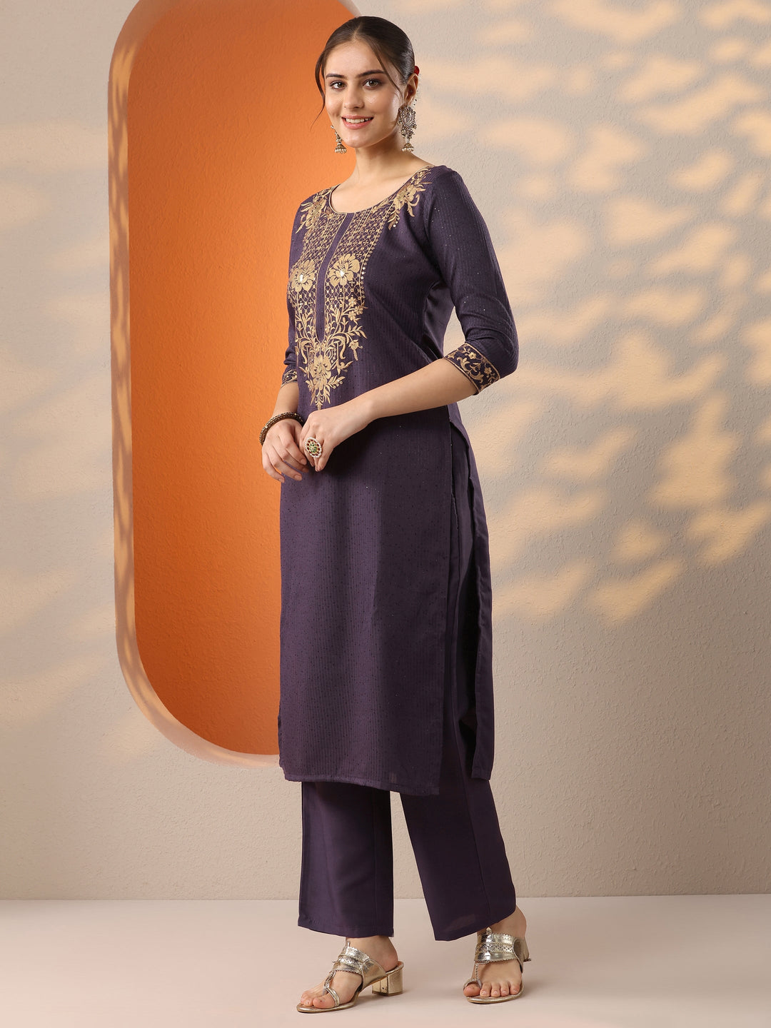  Purple Embroidered Silk Blend Straight Suit Set With Dupatta 