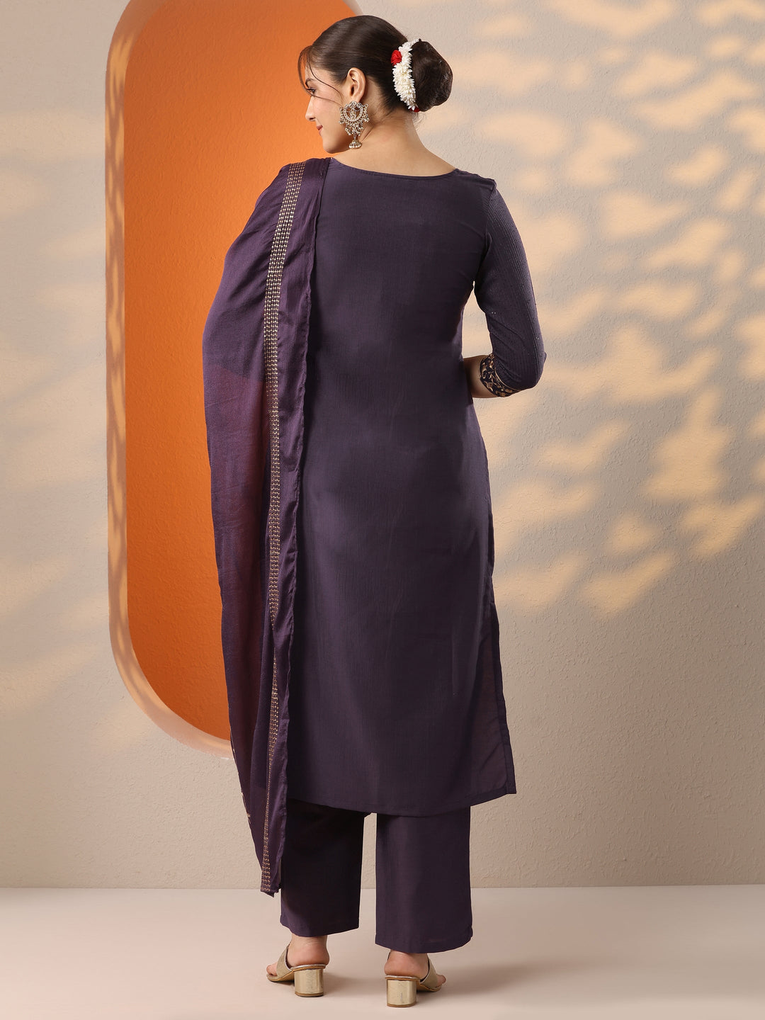  Purple Embroidered Silk Blend Straight Suit Set With Dupatta 