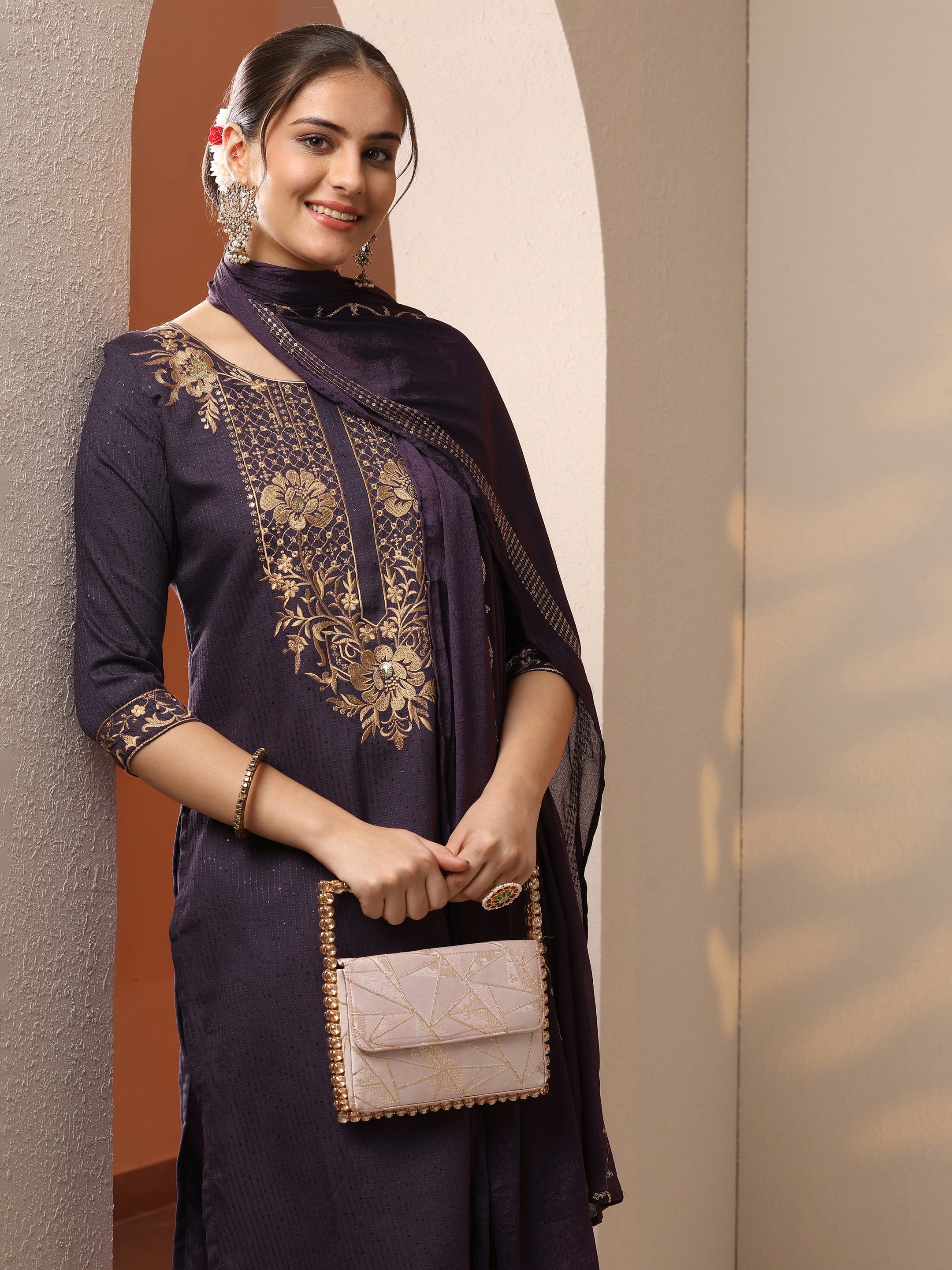 Purple Embroidered Silk Blend Straight Suit Set With Dupatta-image-16