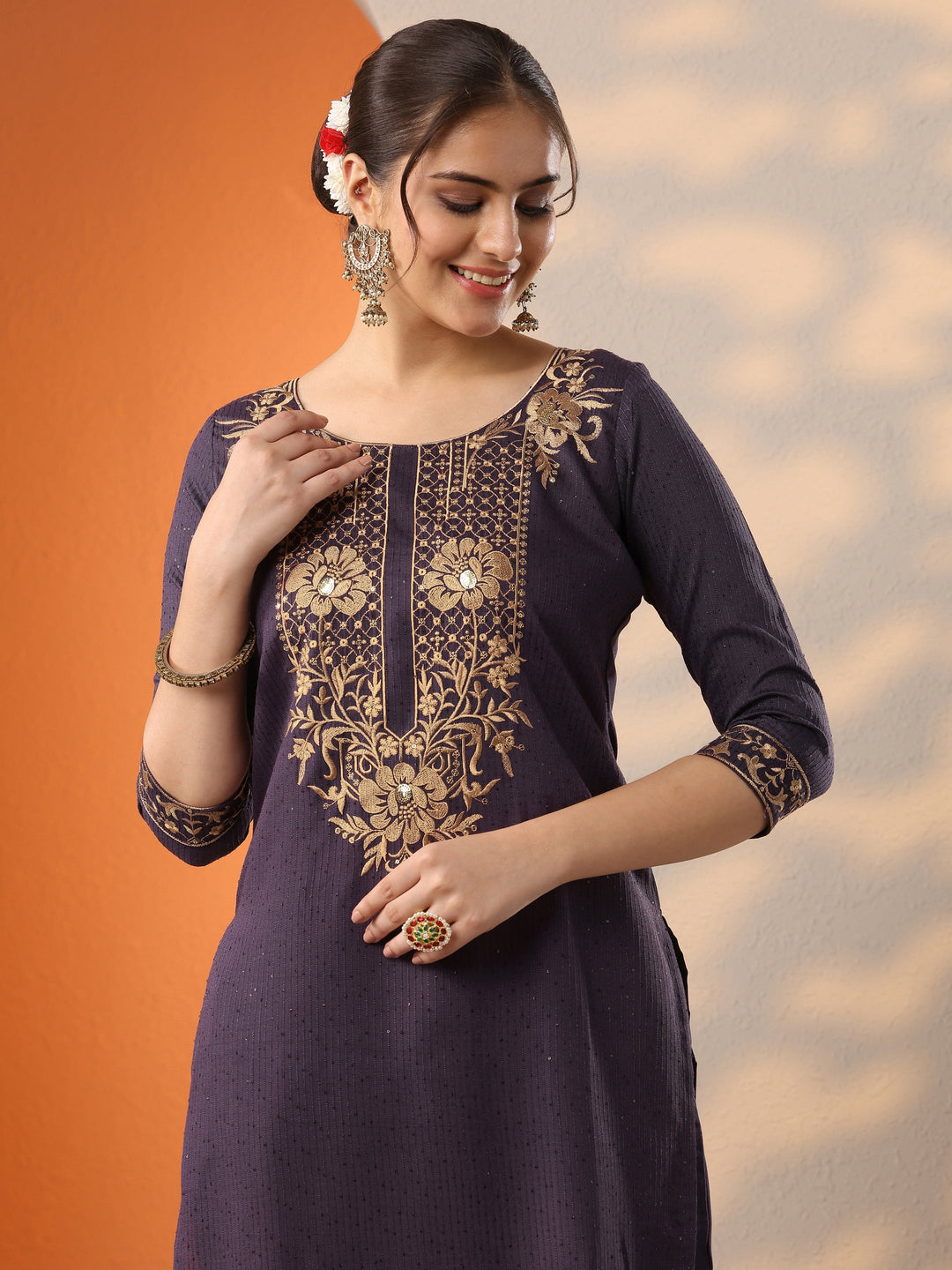  Purple Embroidered Silk Blend Straight Suit Set With Dupatta 