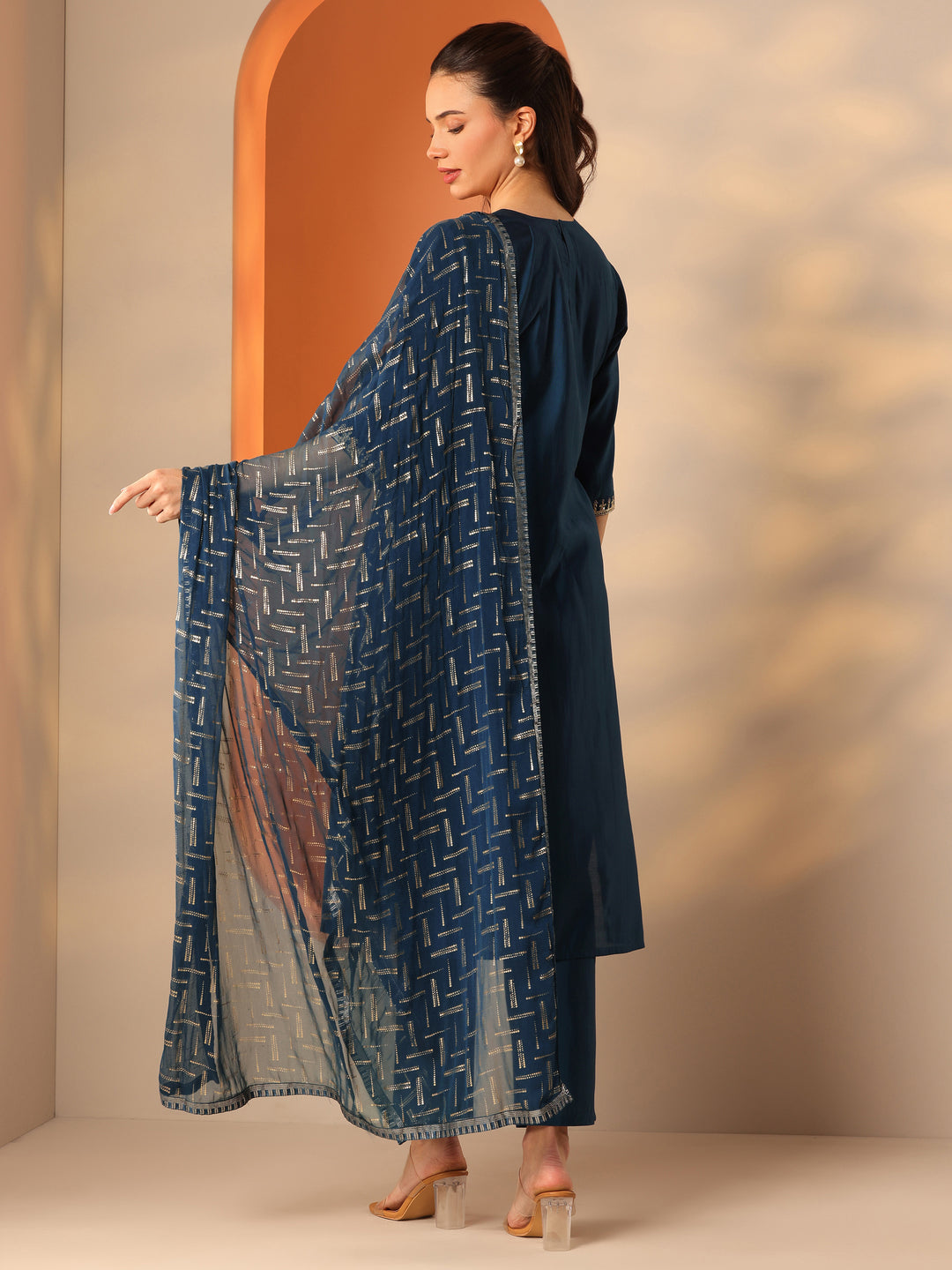  Blue Embroidered Silk Blend Straight Suit Set With Dupatta 