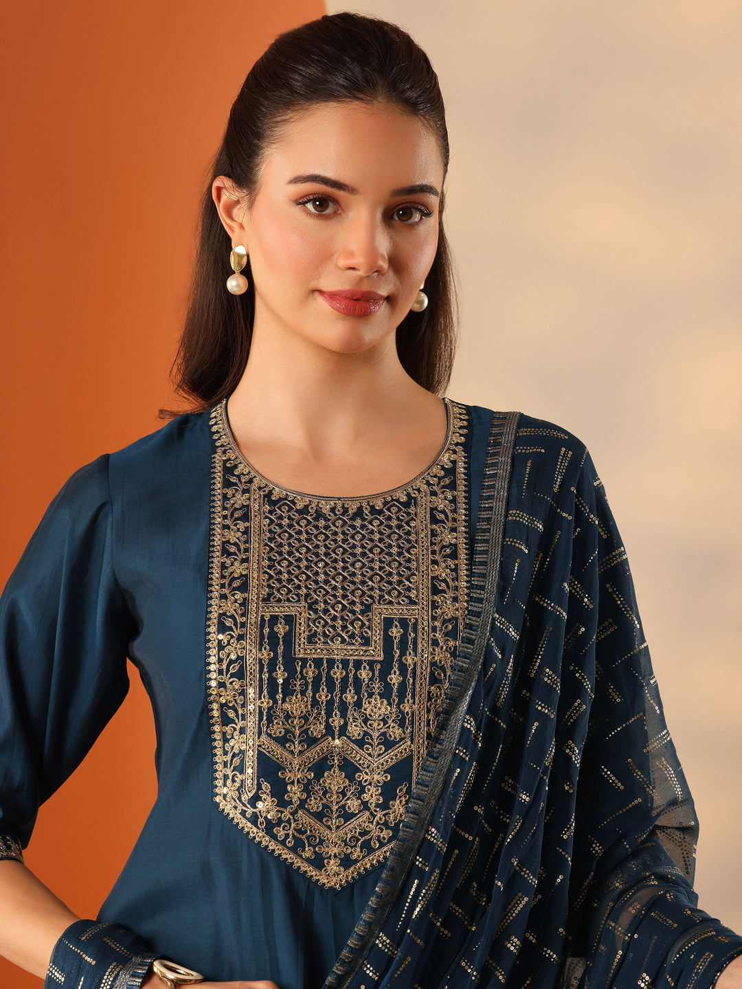  Blue Embroidered Silk Blend Straight Suit Set With Dupatta 