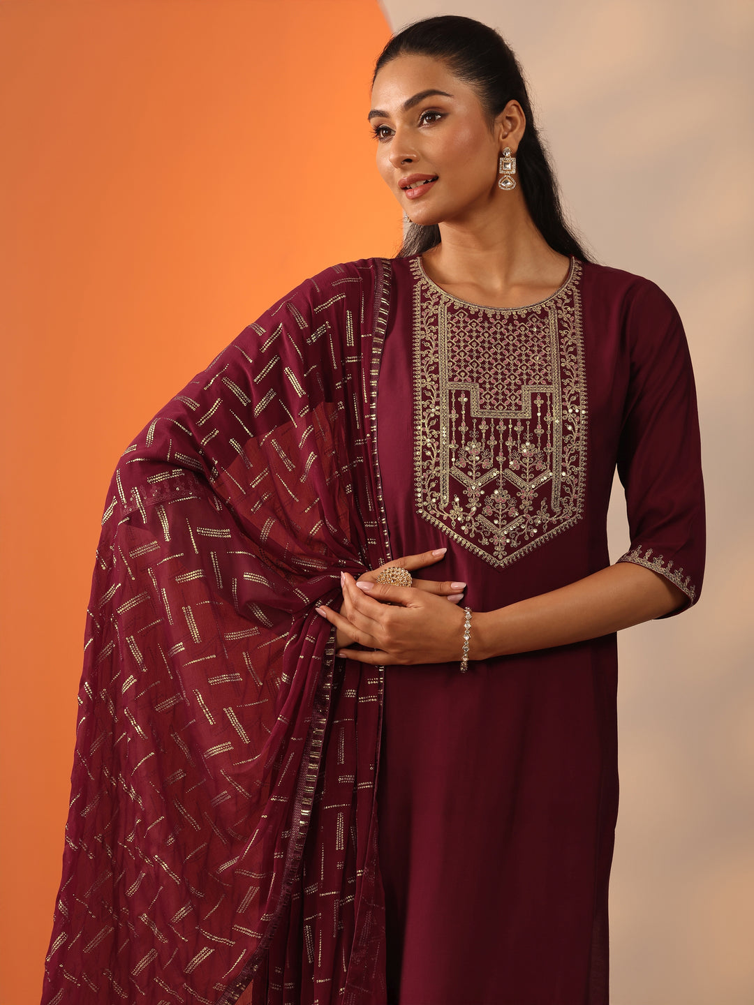  Maroon Printed Silk Blend Straight Suit Set With Dupatta 