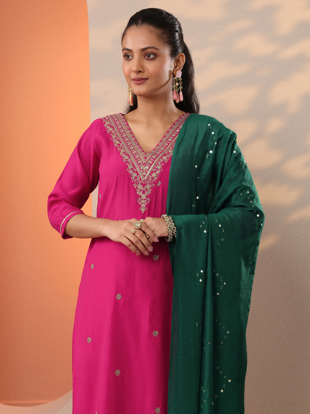  Pink Embroidered Silk Blend Straight Suit Set With Dupatta 