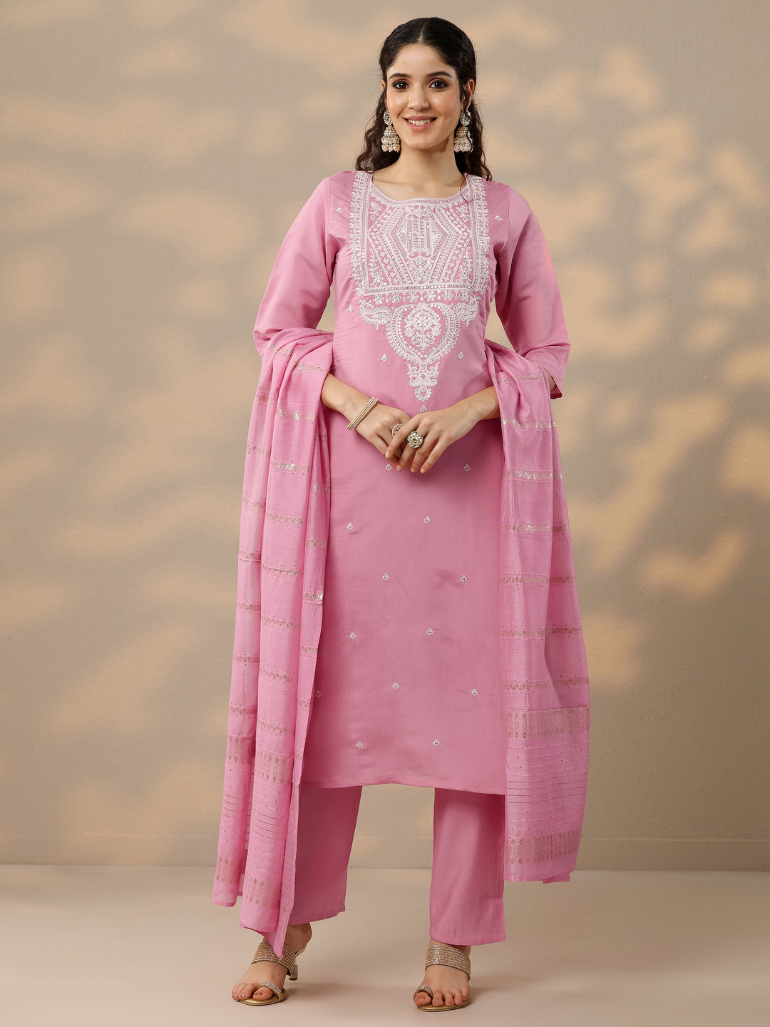 Pink Embroidered Silk Blend Straight Suit Set With Dupatta 