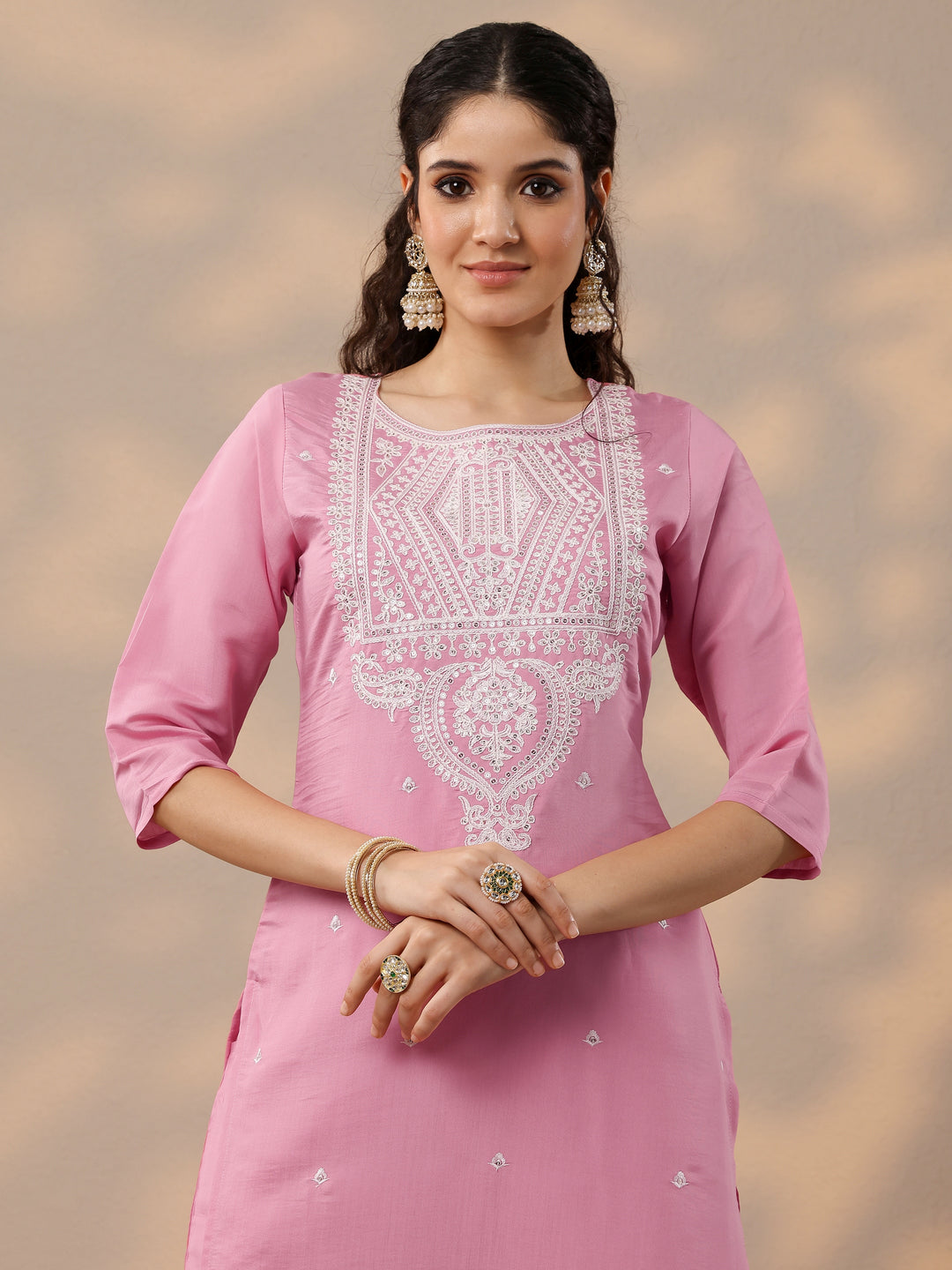  Pink Embroidered Silk Blend Straight Suit Set With Dupatta 