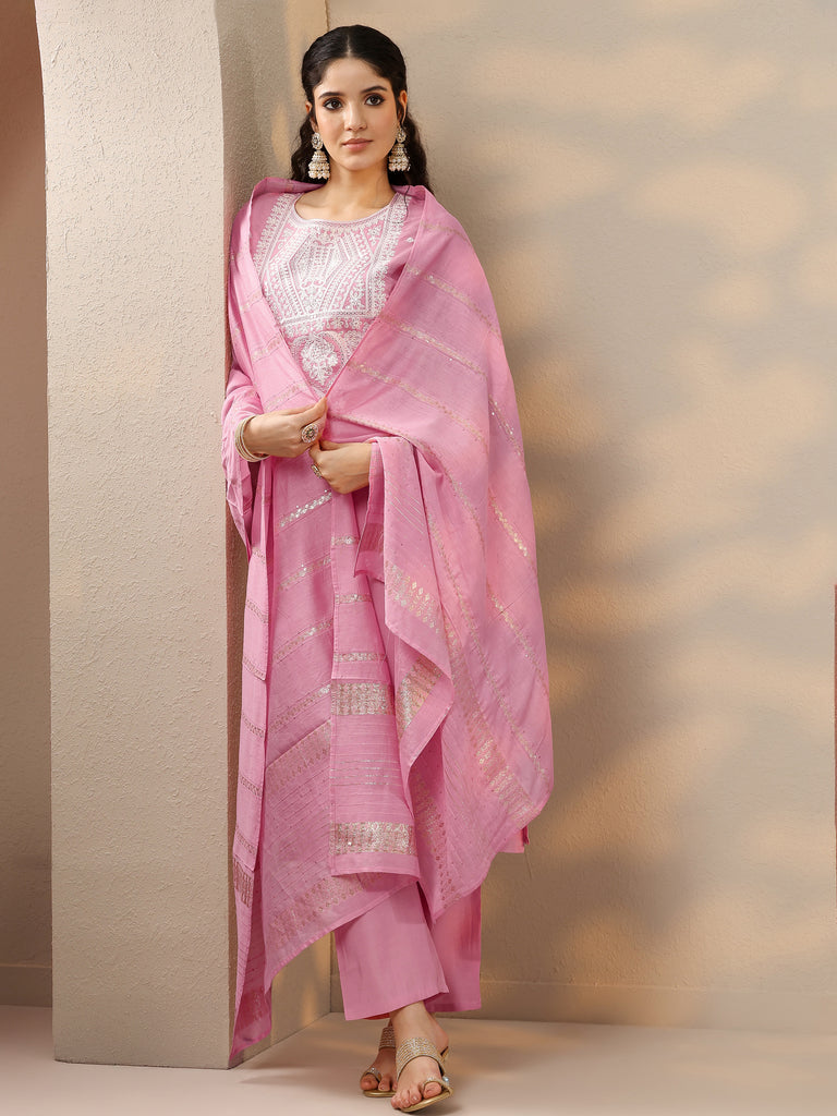 Gerua Pink Embroidered Silk Blend Straight Suit Set With Dupatta