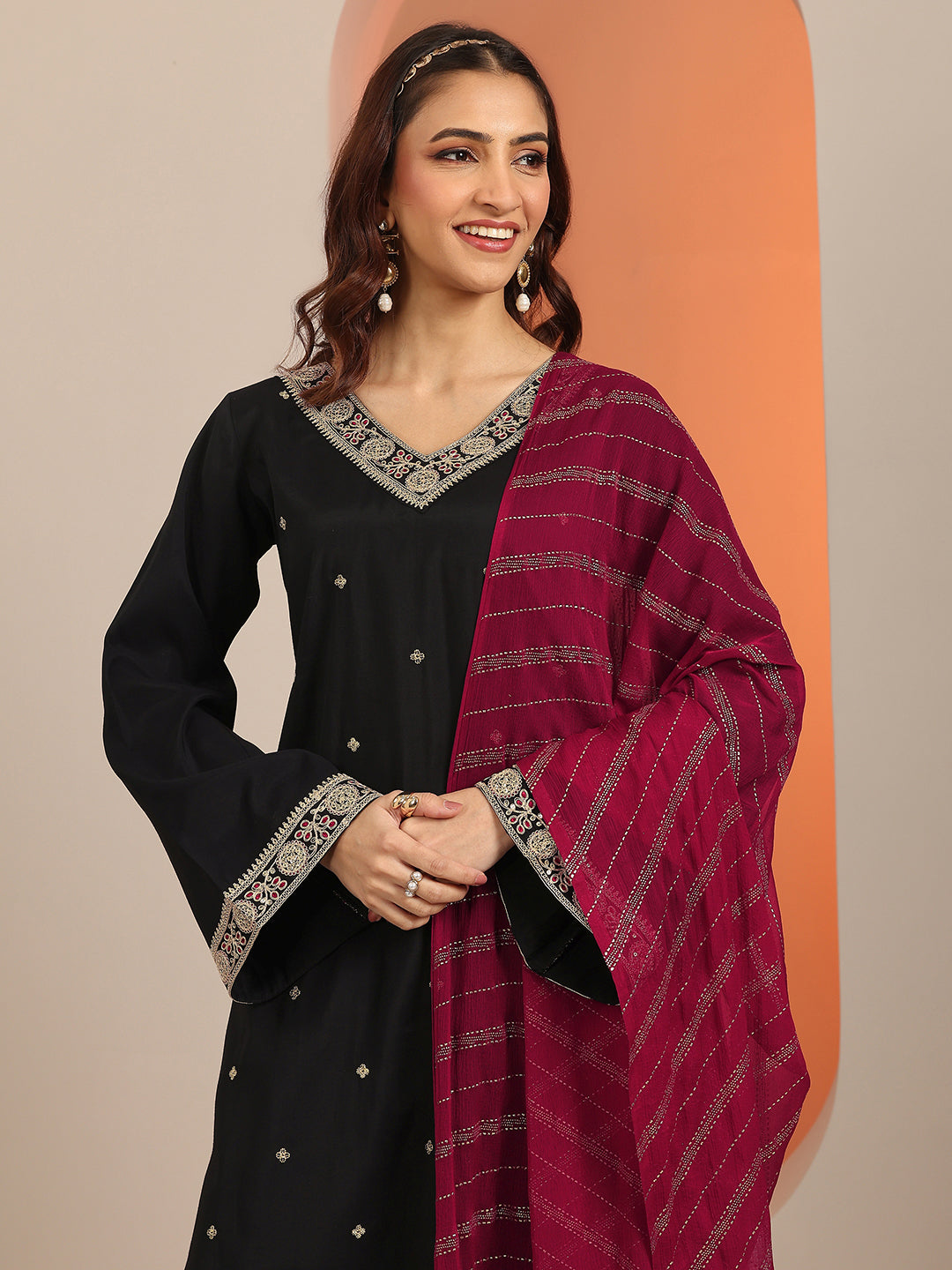  Black Embellished Silk Blend Straight Suit Set With Dupatta 
