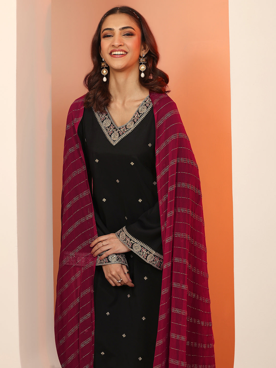  Black Embellished Silk Blend Straight Suit Set With Dupatta 