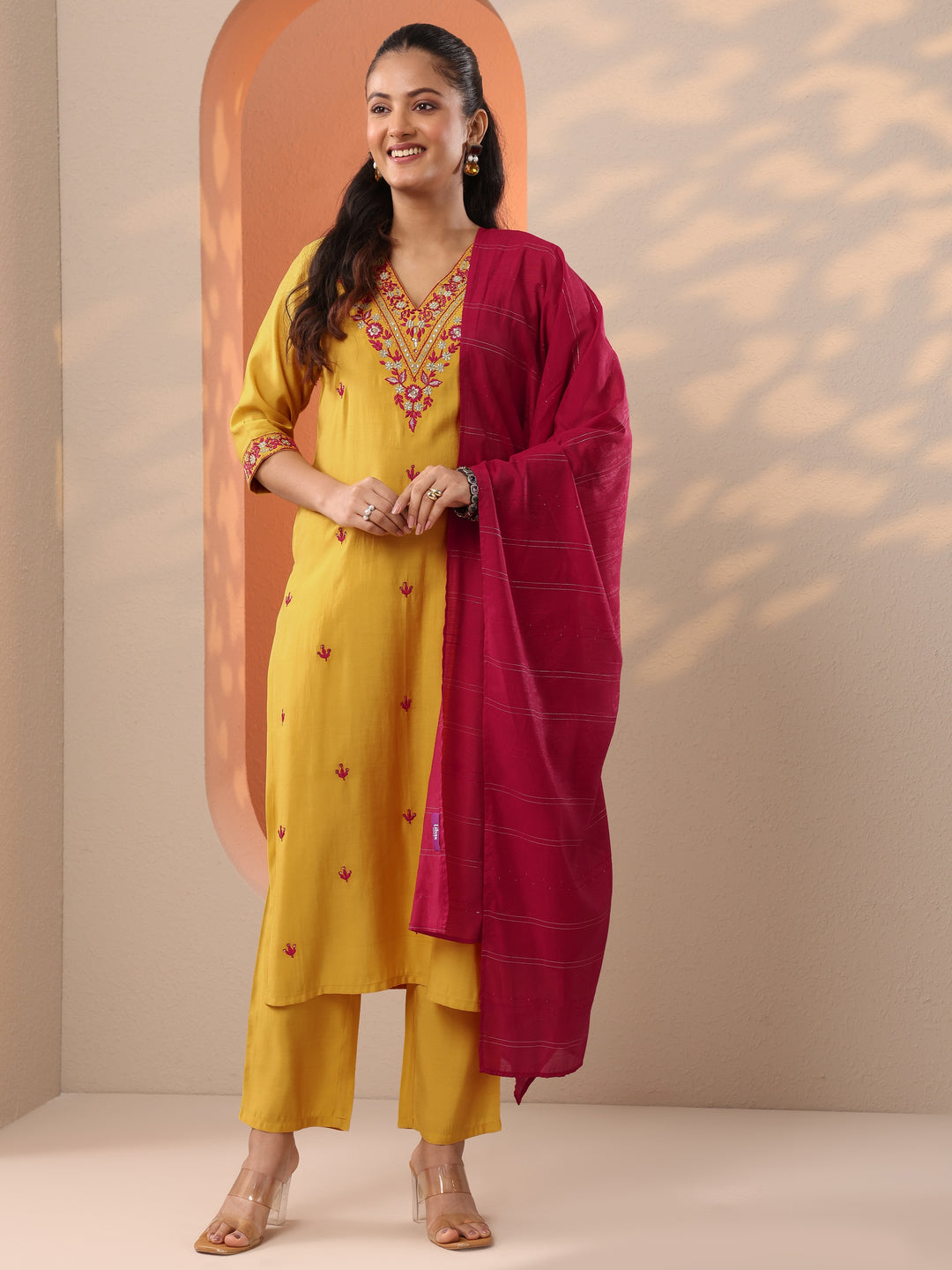  Yellow Embroidered Silk Blend Straight Suit Set With Dupatta 