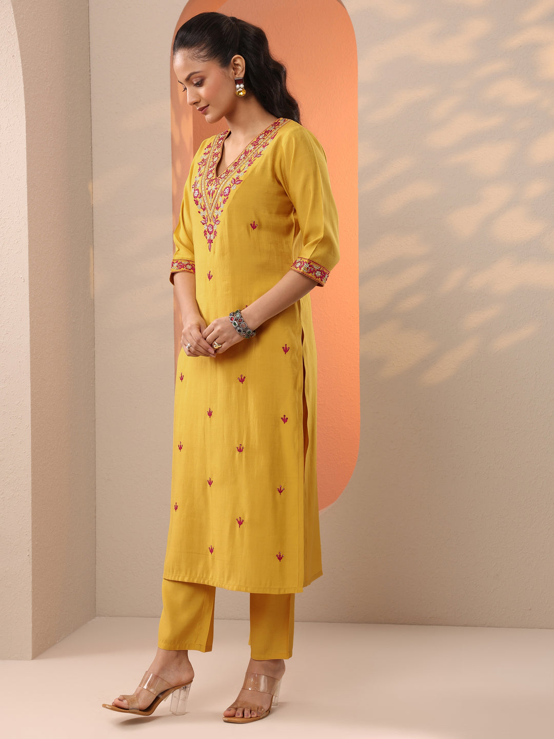  Yellow Embroidered Silk Blend Straight Suit Set With Dupatta 