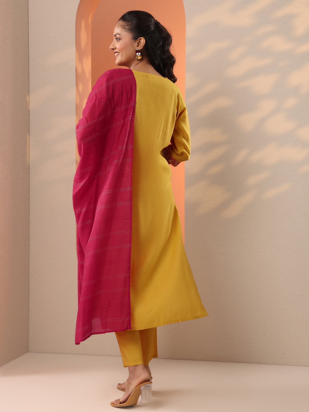  Yellow Embroidered Silk Blend Straight Suit Set With Dupatta 