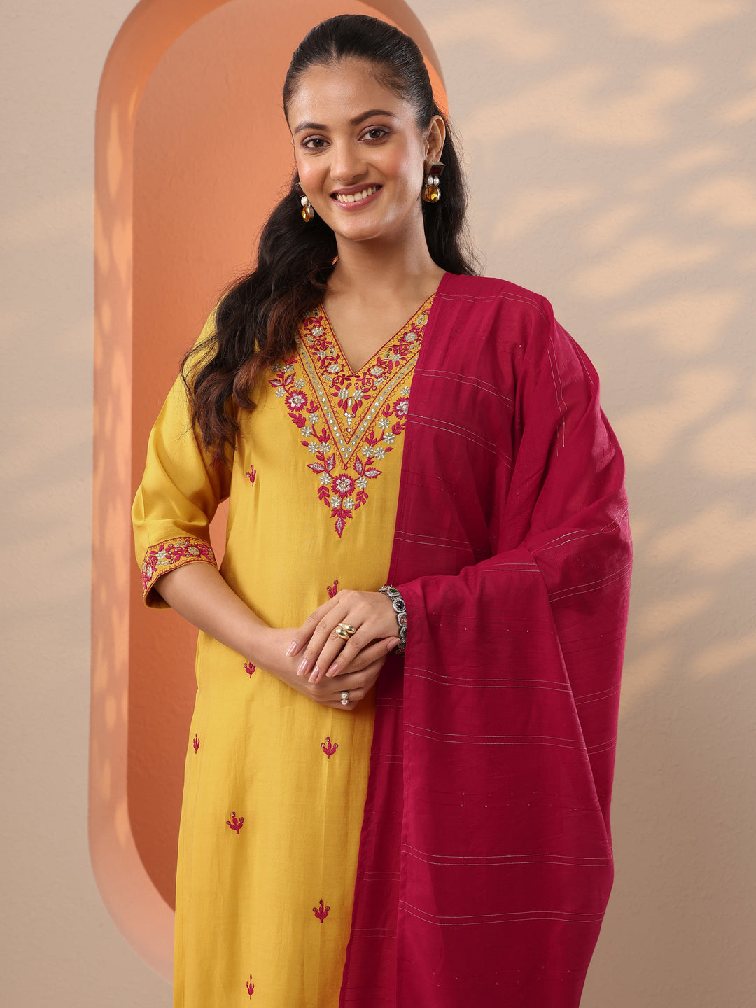  Yellow Embroidered Silk Blend Straight Suit Set With Dupatta 
