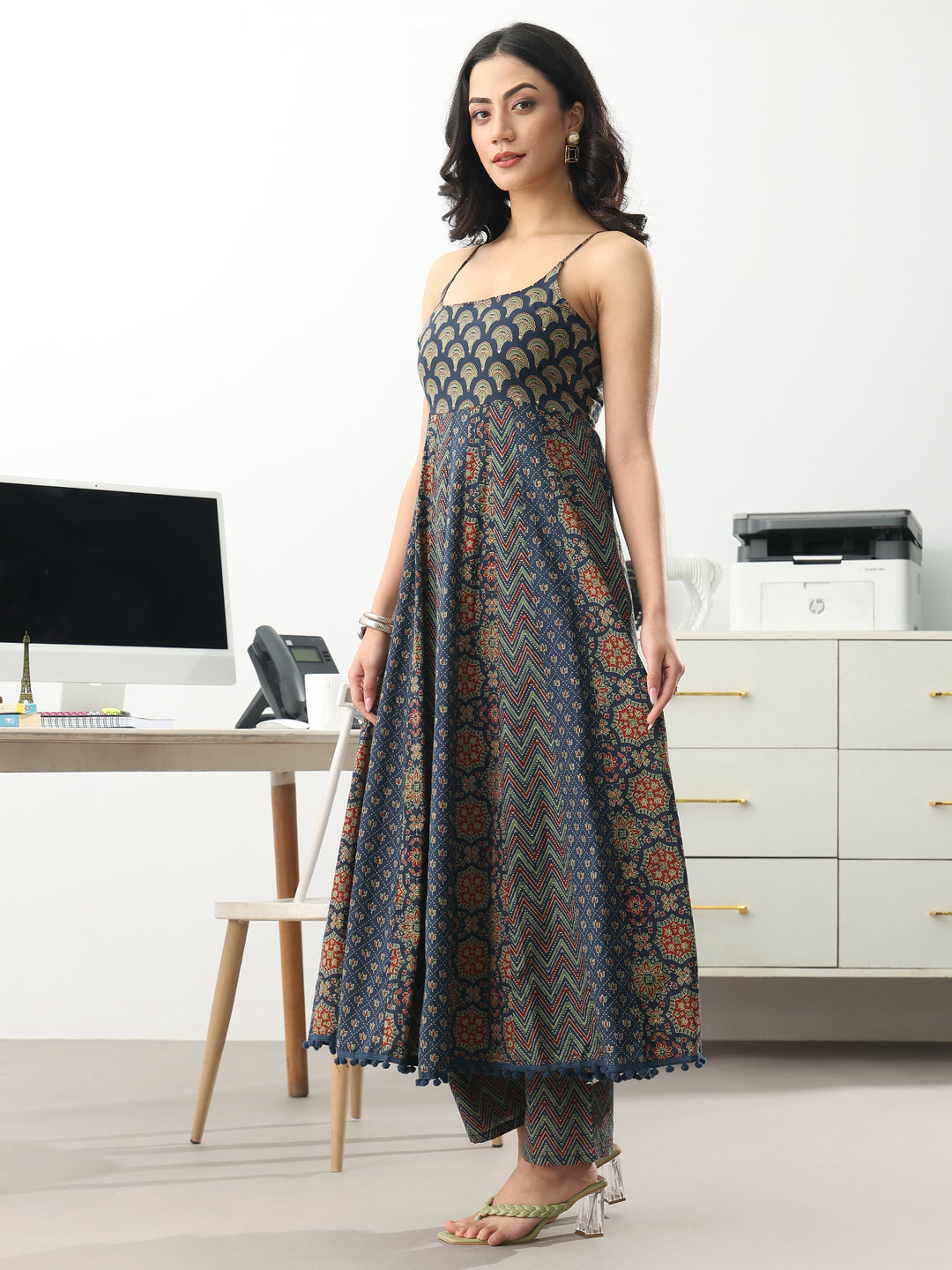  Blue Ethnic Motifs Printed Cotton Blend A-Line Suit Set With Dupatta 