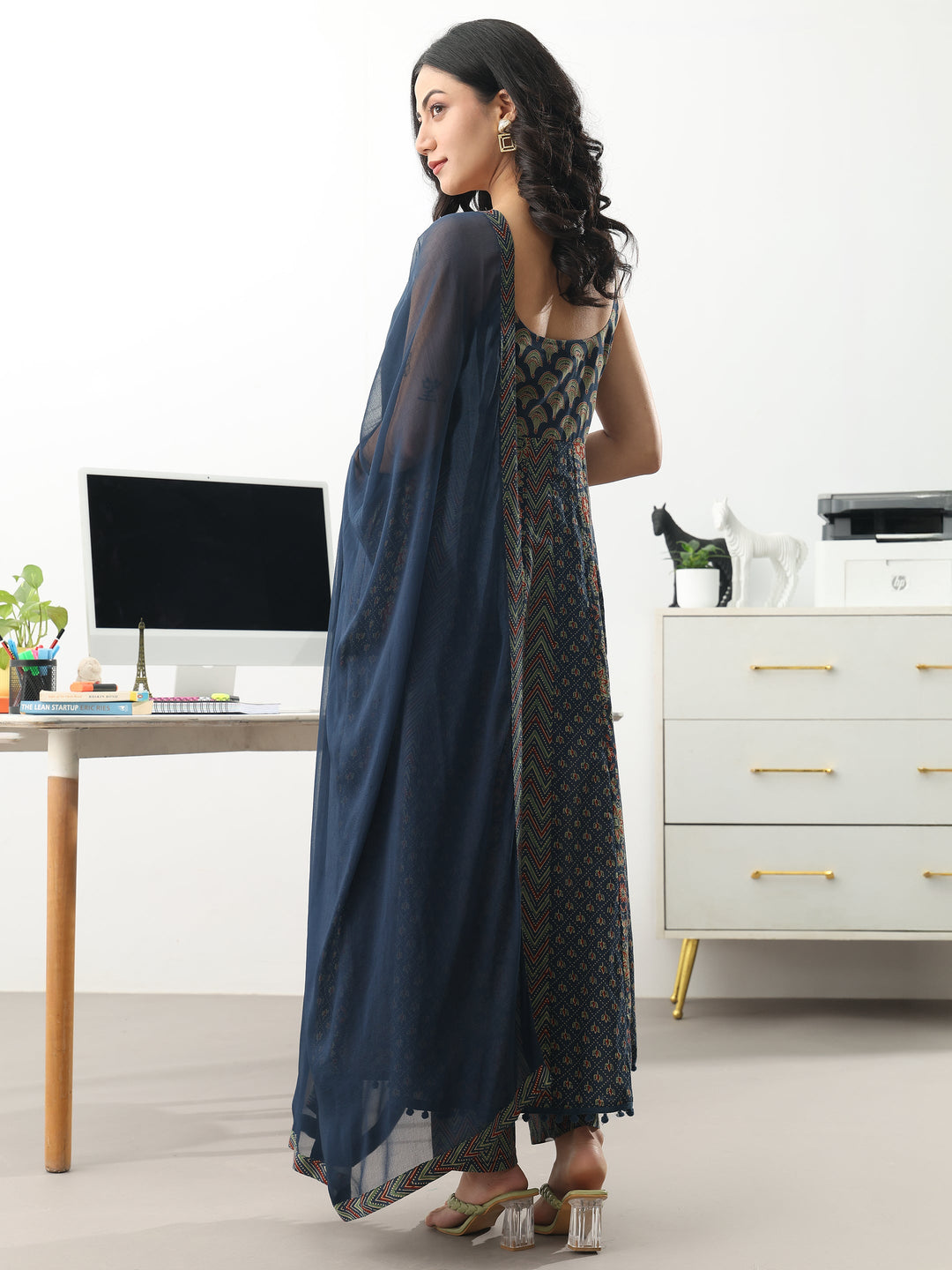  Blue Ethnic Motifs Printed Cotton Blend A-Line Suit Set With Dupatta 