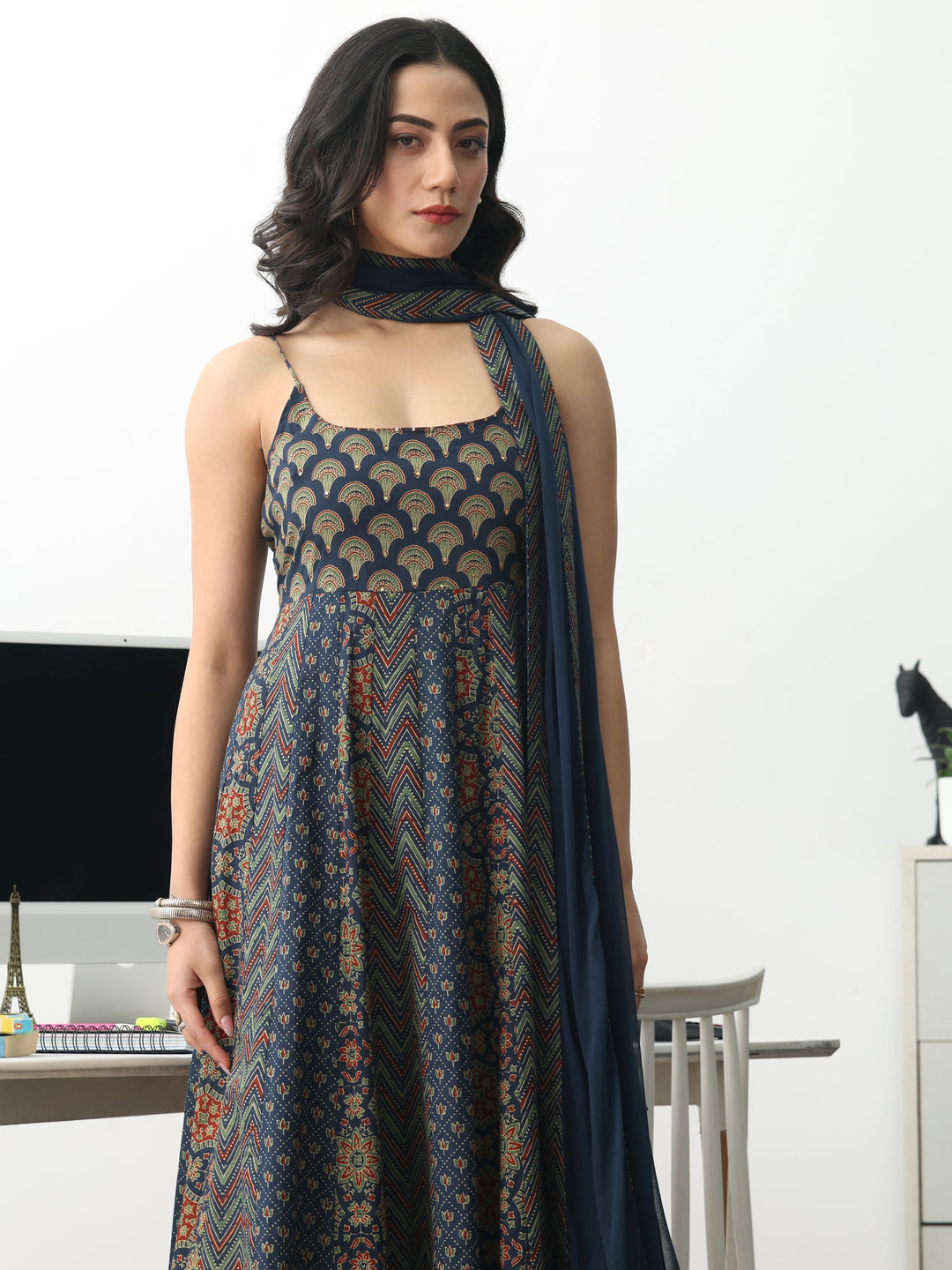  Blue Ethnic Motifs Printed Cotton Blend A-Line Suit Set With Dupatta 