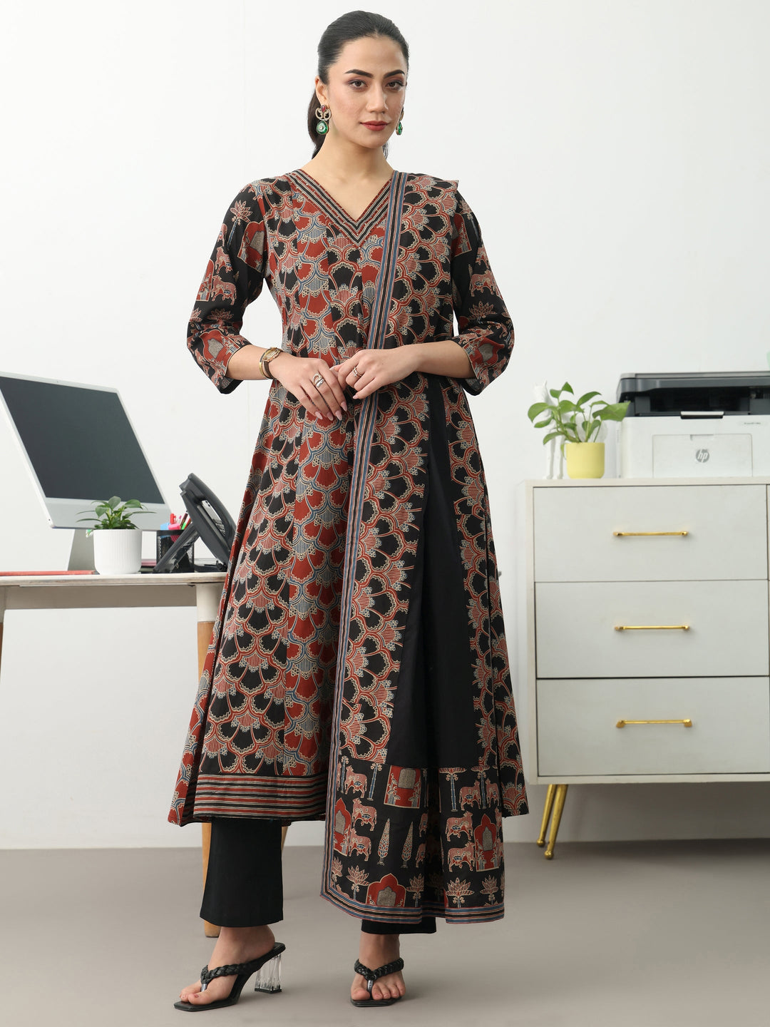  Multi Ethnic Motifs Printed Cotton Blend A-Line Suit Set With Dupatta 