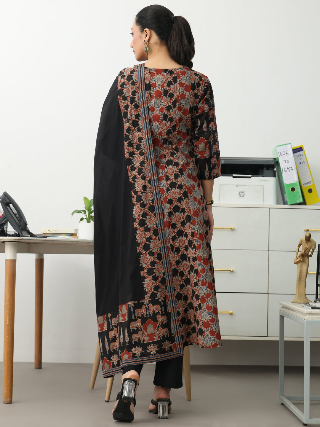  Multi Ethnic Motifs Printed Cotton Blend A-Line Suit Set With Dupatta 