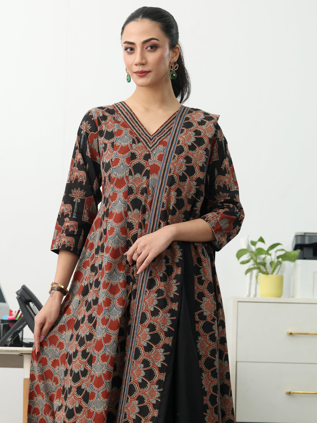  Multi Ethnic Motifs Printed Cotton Blend A-Line Suit Set With Dupatta 