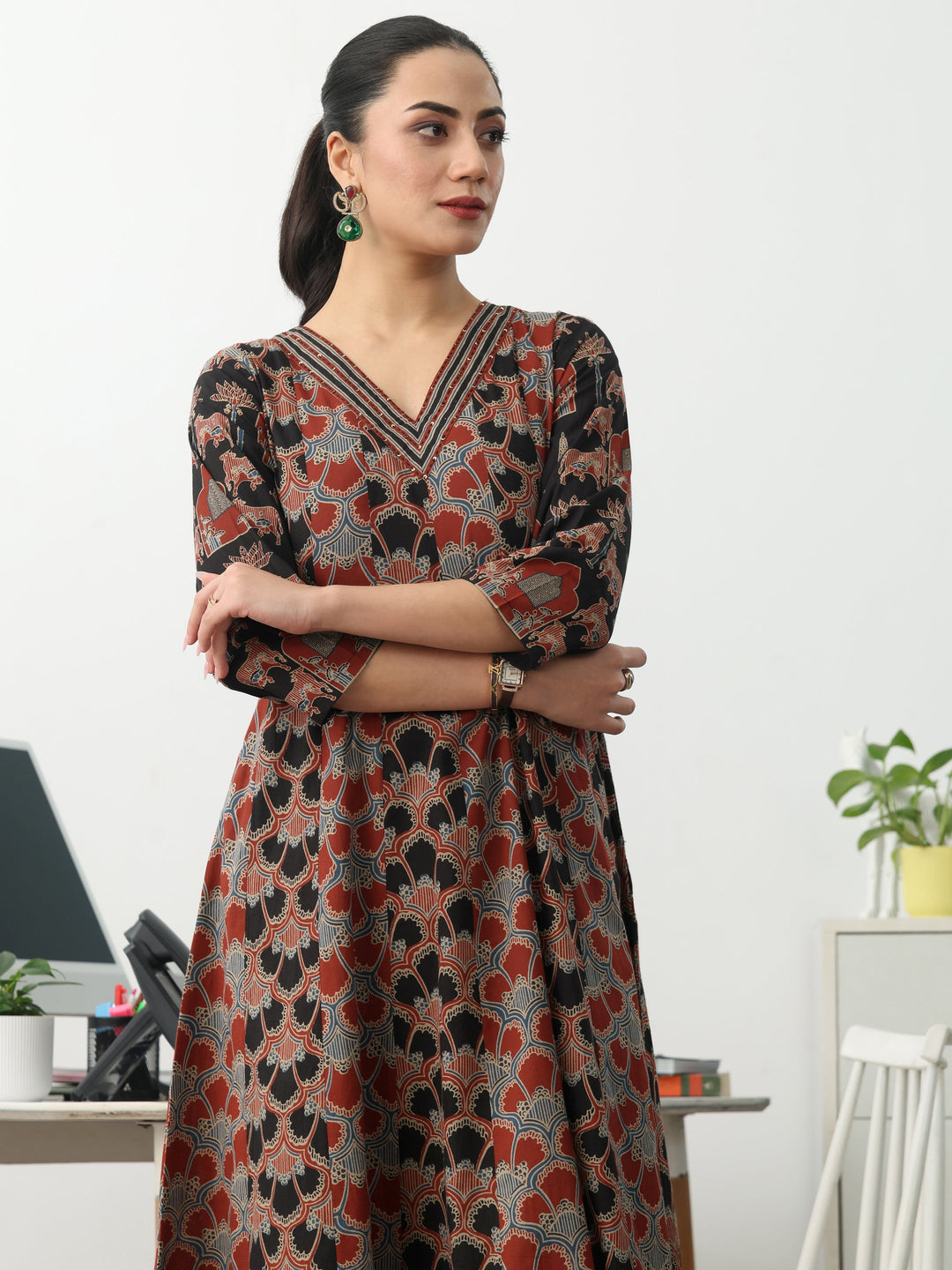 Multi Ethnic Motifs Printed Cotton Blend A-Line Suit Set With Dupatta 