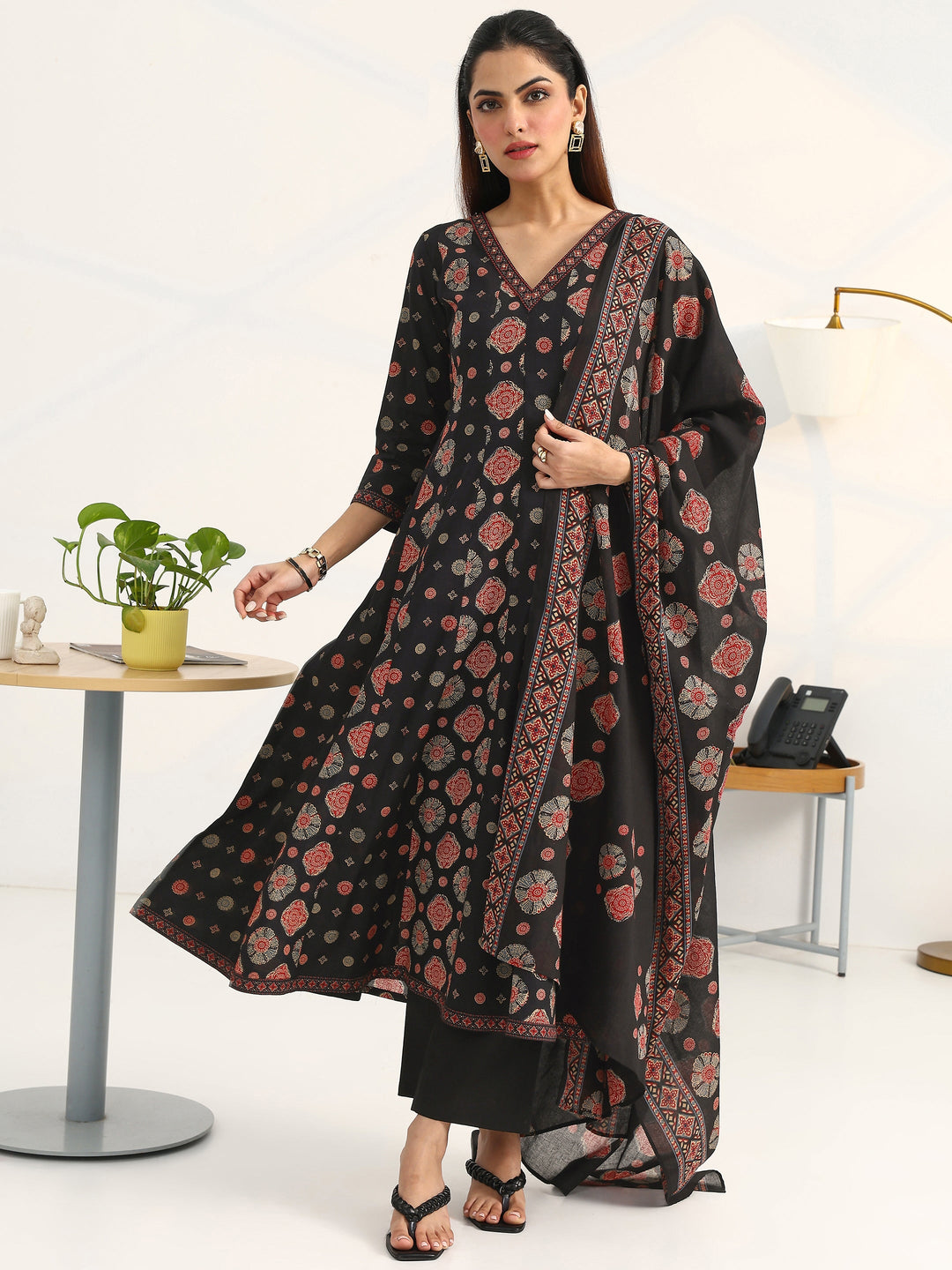  Black Ethnic Motifs Printed Cotton Blend A-Line Suit Set With Dupatta 